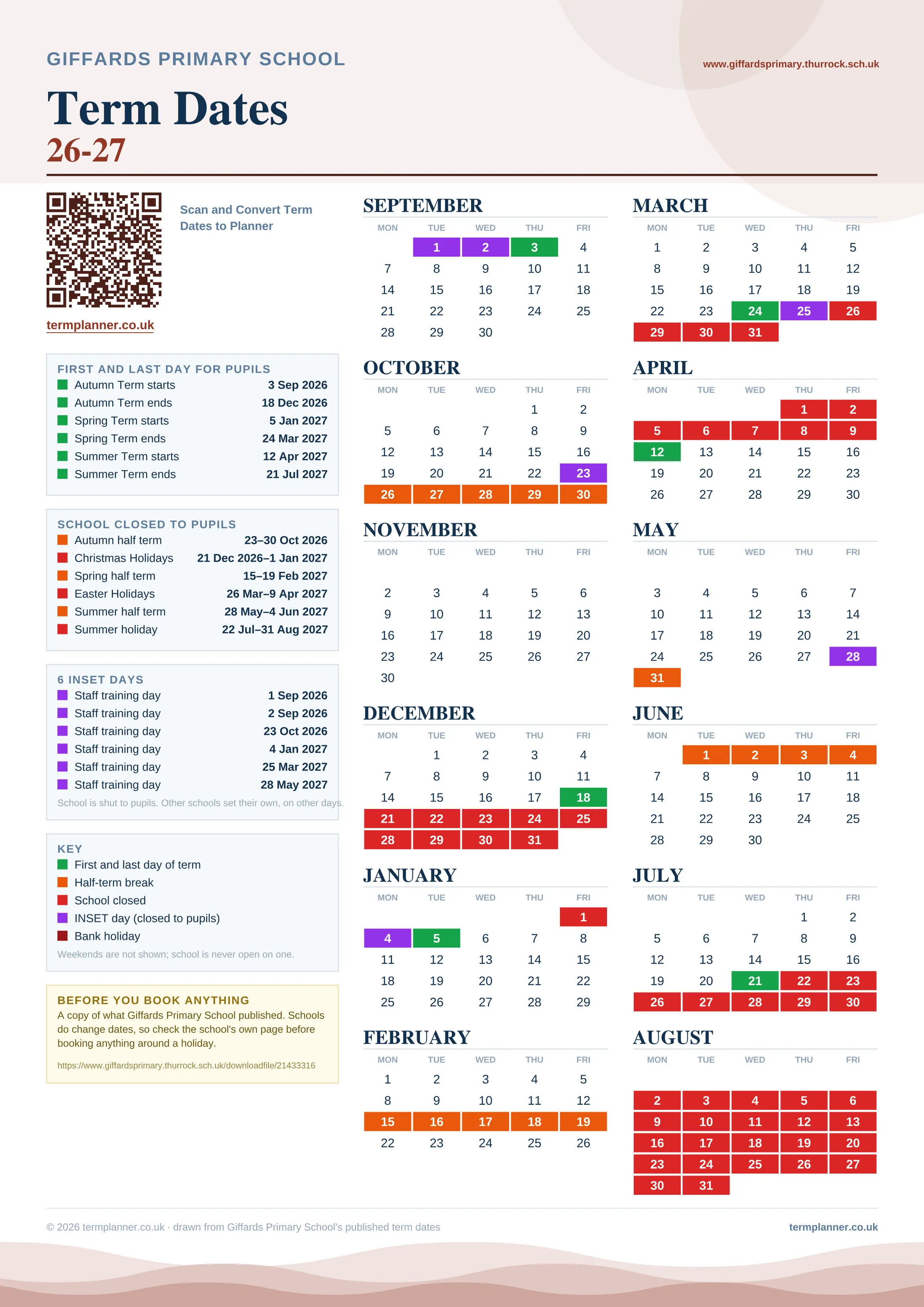 Giffards Primary School’s 2026/27 school year drawn as one sheet: twelve month grids from September to August, Monday to Friday, with autumn term 3 September to 18 December 2026, spring term 5 January to 24 March 2027, summer term 12 April to 21 July 2027. Half terms, holidays and bank holidays are filled in colour, the first and last day of each term is marked, 6 INSET days are picked out, and every date is listed again in words down the left.