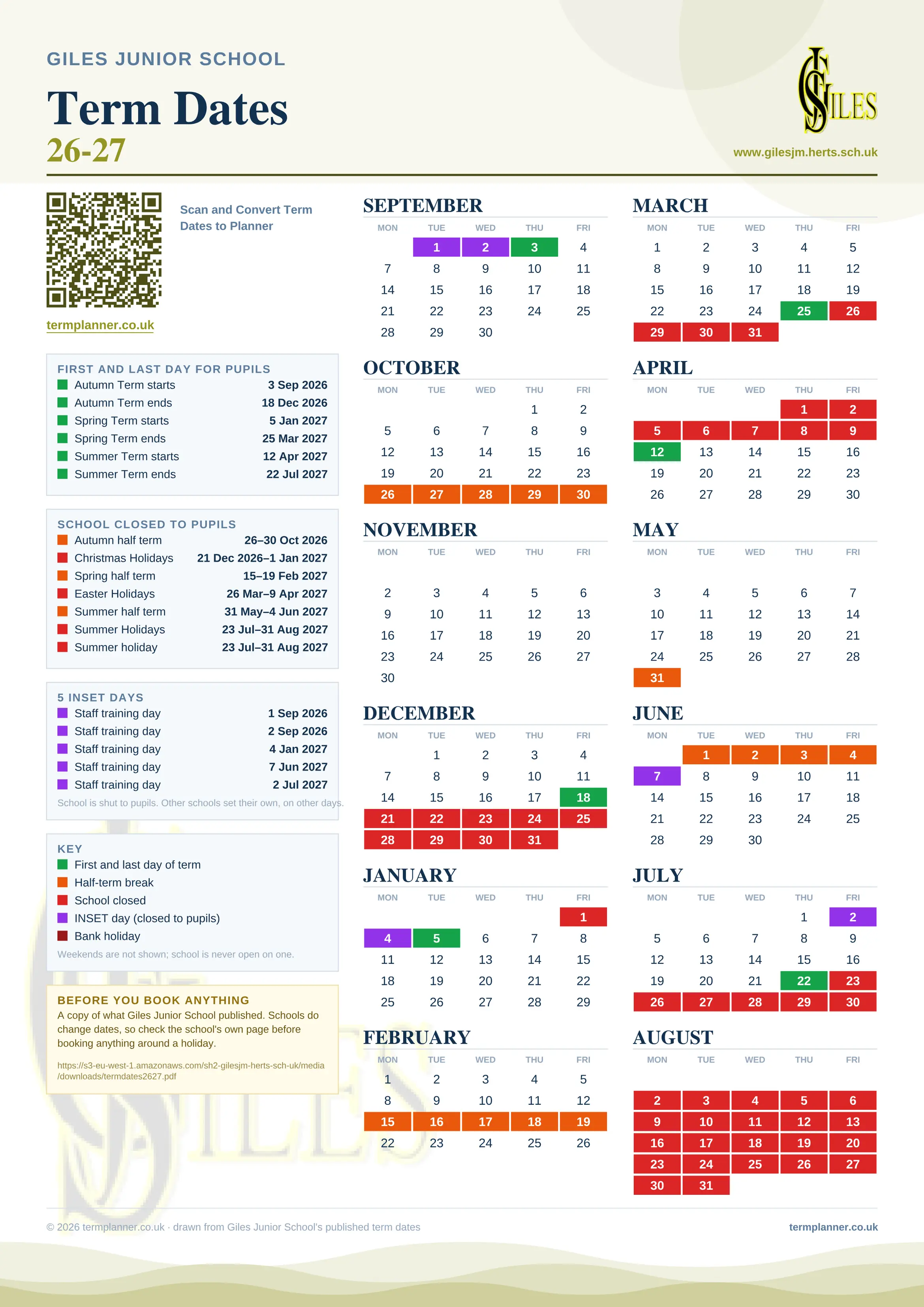 Giles Junior School’s 2026/27 school year drawn as one sheet: twelve month grids from September to August, Monday to Friday, with autumn term 3 September to 18 December 2026, spring term 5 January to 25 March 2027, summer term 12 April to 22 July 2027. Half terms, holidays and bank holidays are filled in colour, the first and last day of each term is marked, 5 INSET days are picked out, and every date is listed again in words down the left.