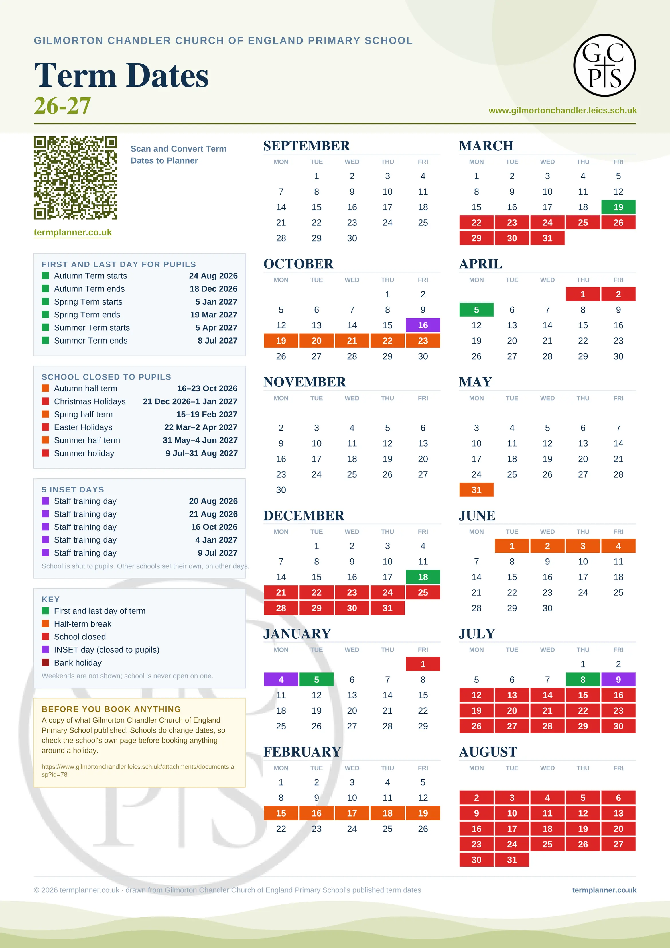 Gilmorton Chandler Church of England Primary School’s 2026/27 school year drawn as one sheet: twelve month grids from September to August, Monday to Friday, with autumn term 24 August to 18 December 2026, spring term 5 January to 19 March 2027, summer term 5 April to 8 July 2027. Half terms, holidays and bank holidays are filled in colour, the first and last day of each term is marked, 5 INSET days are picked out, and every date is listed again in words down the left.
