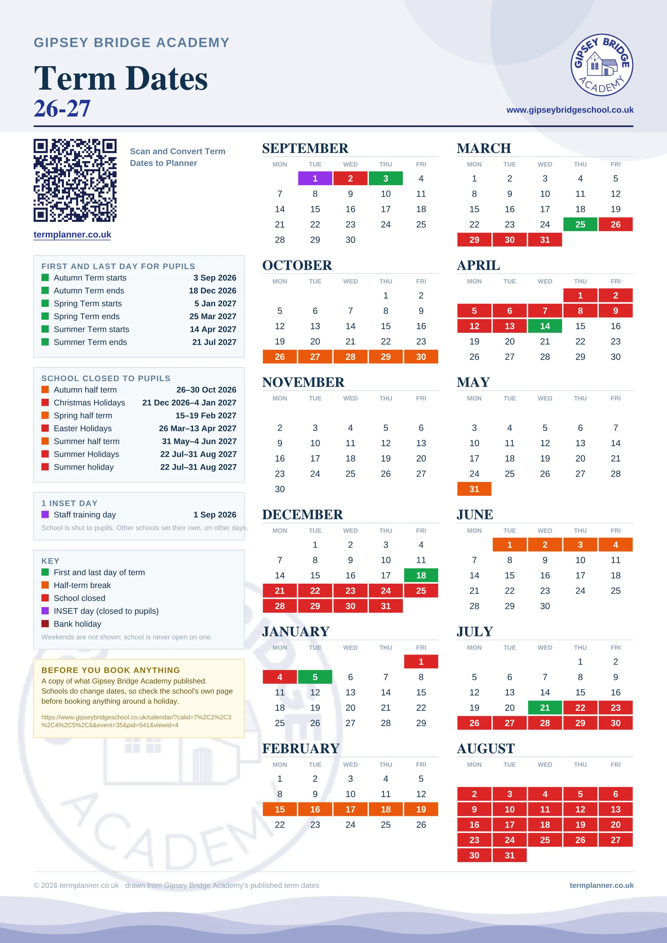 Gipsey Bridge Academy’s 2026/27 school year drawn as one sheet: twelve month grids from September to August, Monday to Friday, with autumn term 3 September to 18 December 2026, spring term 5 January to 25 March 2027, summer term 14 April to 21 July 2027. Half terms, holidays and bank holidays are filled in colour, the first and last day of each term is marked, 1 INSET day is picked out, and every date is listed again in words down the left.