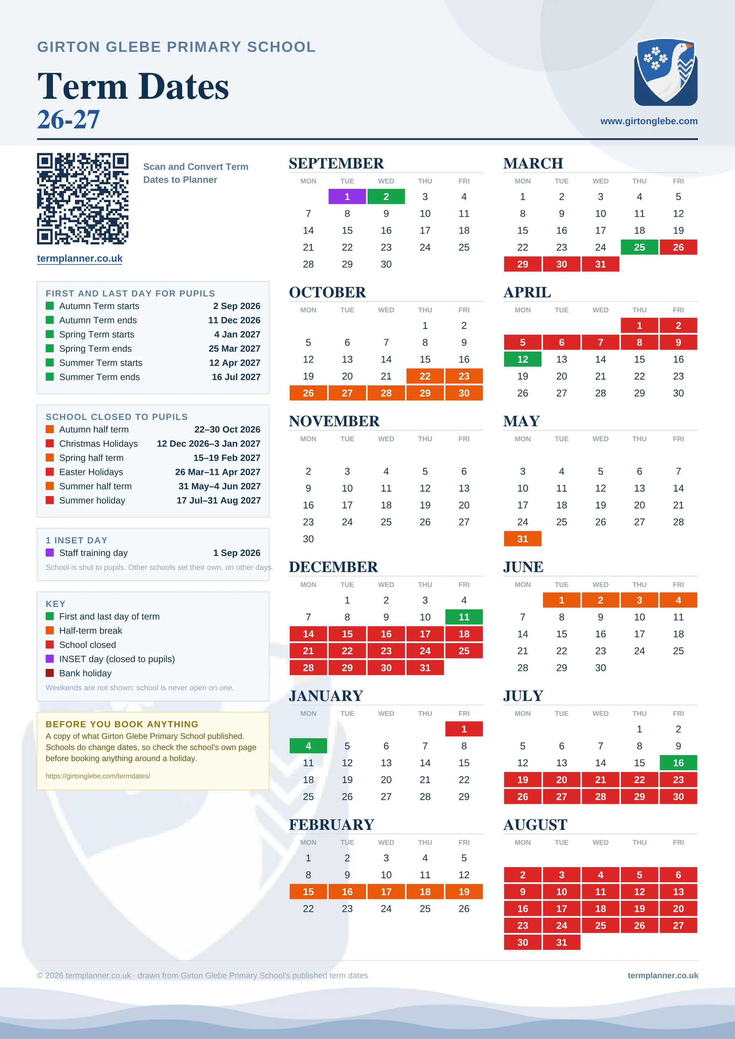 Girton Glebe Primary School’s 2026/27 school year drawn as one sheet: twelve month grids from September to August, Monday to Friday, with autumn term 2 September to 11 December 2026, spring term 4 January to 25 March 2027, summer term 12 April to 16 July 2027. Half terms, holidays and bank holidays are filled in colour, the first and last day of each term is marked, 1 INSET day is picked out, and every date is listed again in words down the left.