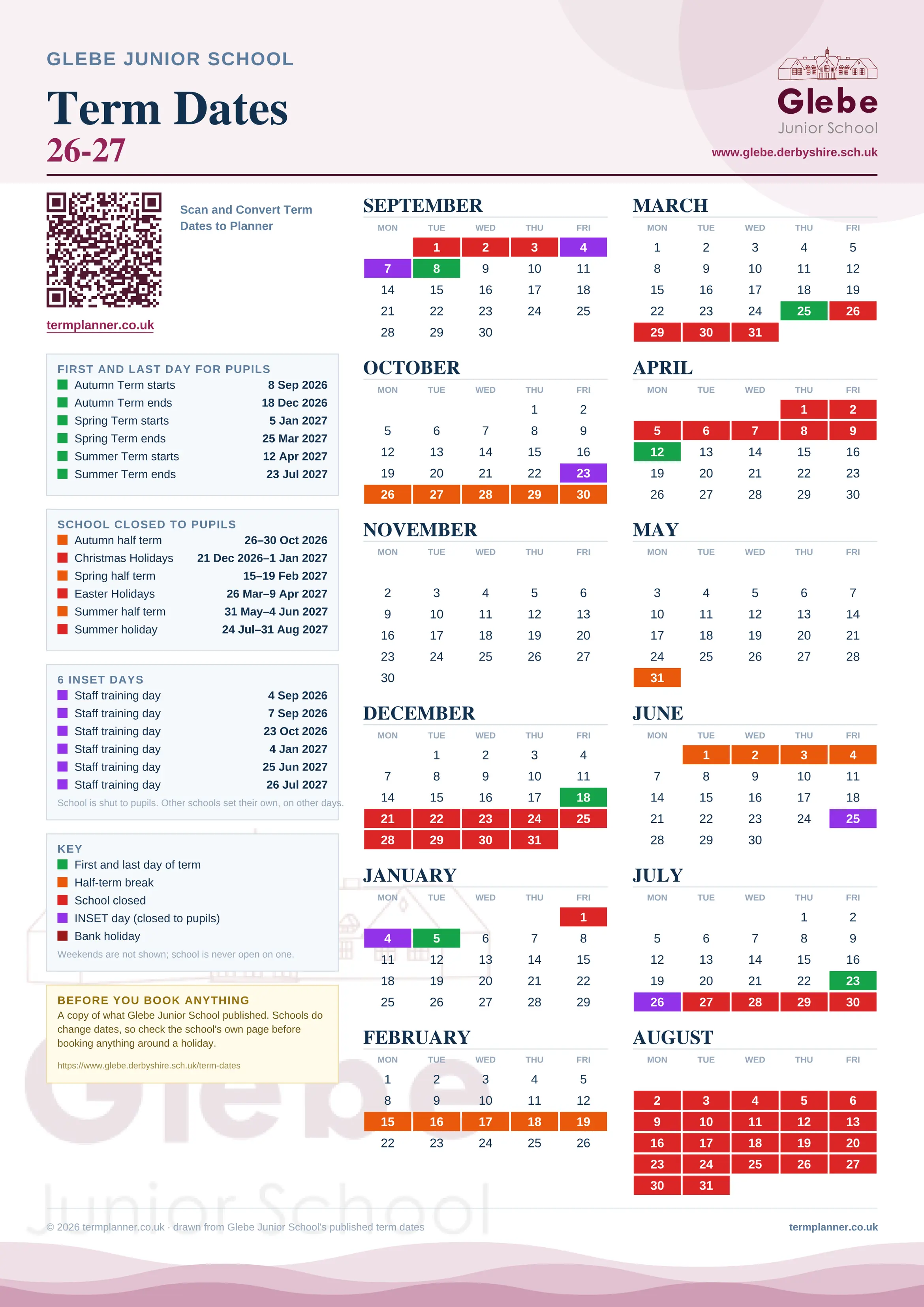 Glebe Junior School’s 2026/27 school year drawn as one sheet: twelve month grids from September to August, Monday to Friday, with autumn term 8 September to 18 December 2026, spring term 5 January to 25 March 2027, summer term 12 April to 23 July 2027. Half terms, holidays and bank holidays are filled in colour, the first and last day of each term is marked, 6 INSET days are picked out, and every date is listed again in words down the left.