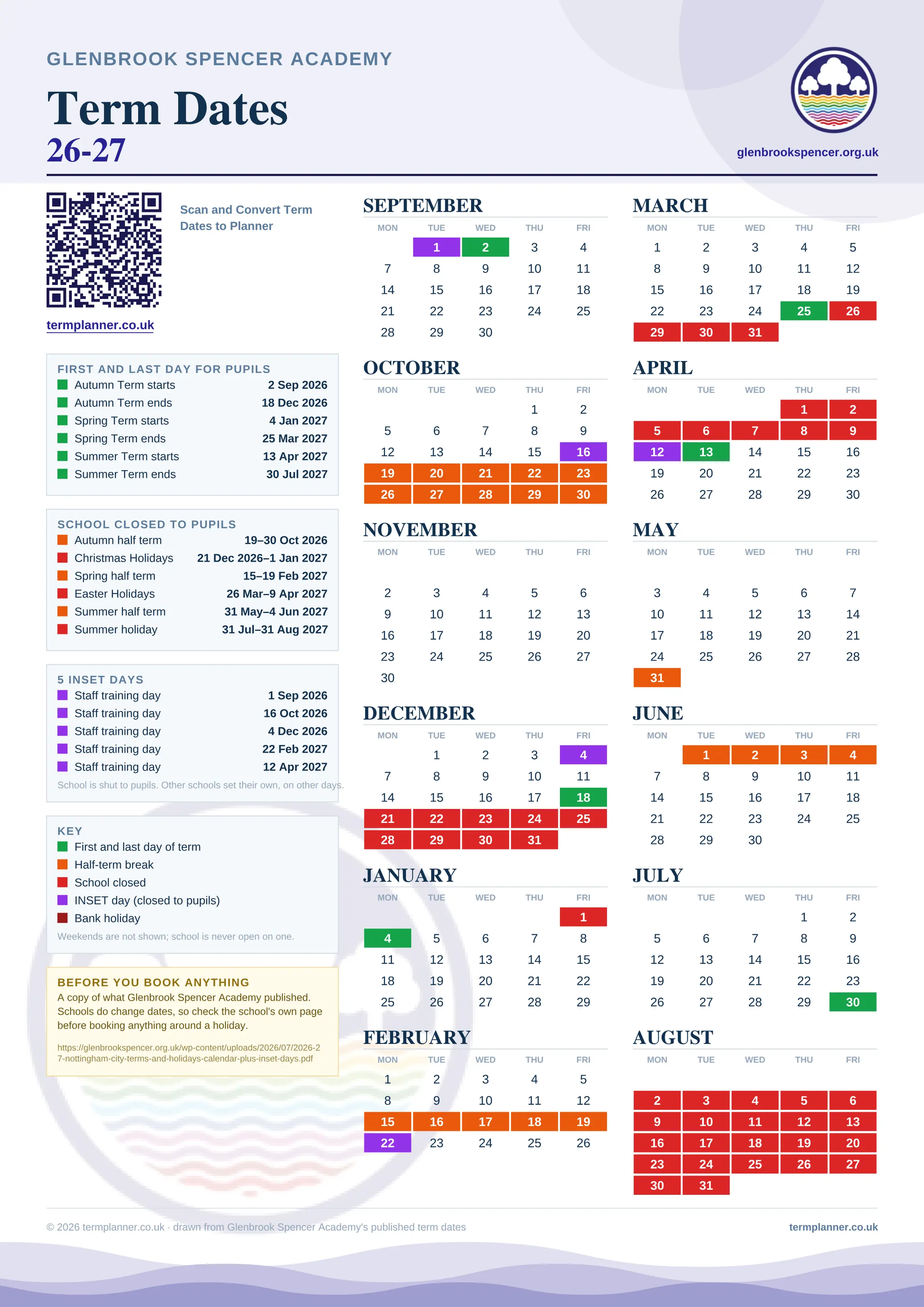 Glenbrook Spencer Academy’s 2026/27 school year drawn as one sheet: twelve month grids from September to August, Monday to Friday, with autumn term 2 September to 18 December 2026, spring term 4 January to 25 March 2027, summer term 13 April to 30 July 2027. Half terms, holidays and bank holidays are filled in colour, the first and last day of each term is marked, 5 INSET days are picked out, and every date is listed again in words down the left.