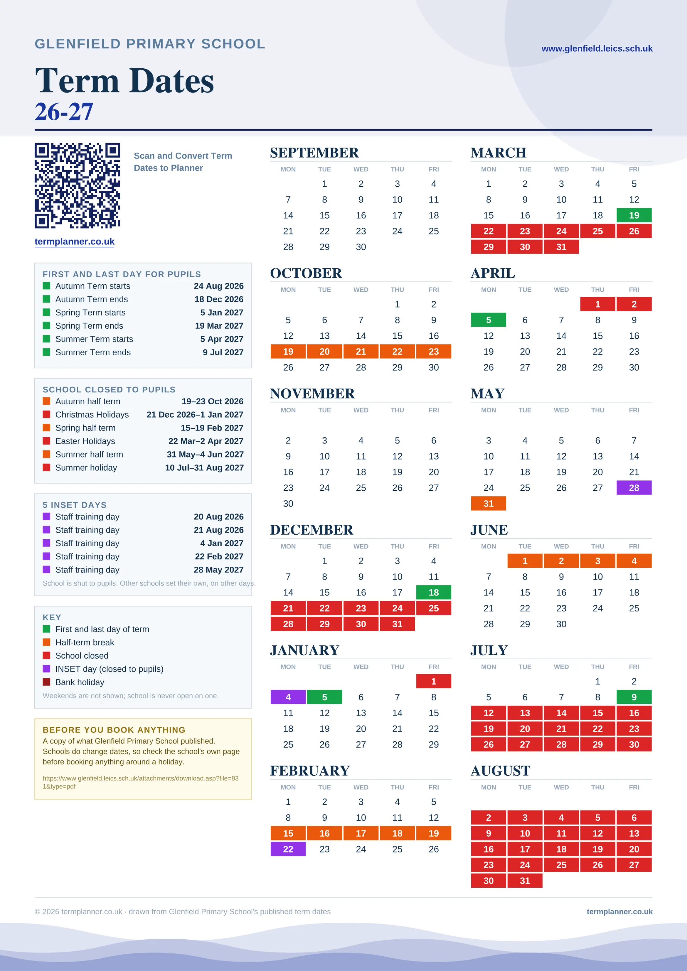 Glenfield Primary School’s 2026/27 school year drawn as one sheet: twelve month grids from September to August, Monday to Friday, with autumn term 24 August to 18 December 2026, spring term 5 January to 19 March 2027, summer term 5 April to 9 July 2027. Half terms, holidays and bank holidays are filled in colour, the first and last day of each term is marked, 5 INSET days are picked out, and every date is listed again in words down the left.