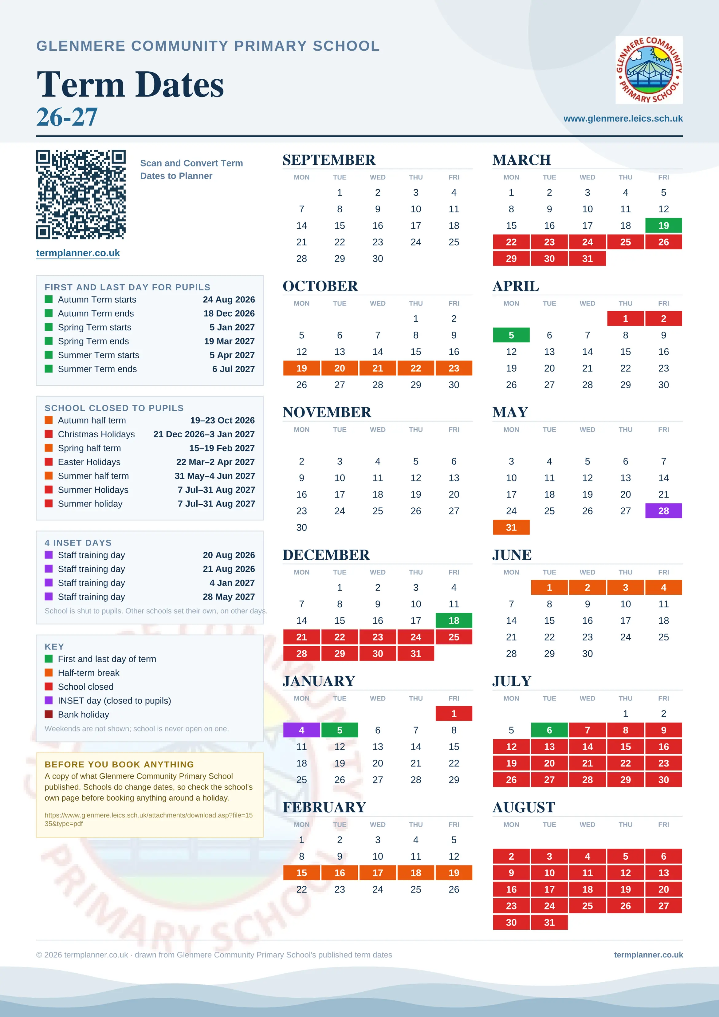 Glenmere Community Primary School’s 2026/27 school year drawn as one sheet: twelve month grids from September to August, Monday to Friday, with autumn term 24 August to 18 December 2026, spring term 5 January to 19 March 2027, summer term 5 April to 6 July 2027. Half terms, holidays and bank holidays are filled in colour, the first and last day of each term is marked, 4 INSET days are picked out, and every date is listed again in words down the left.