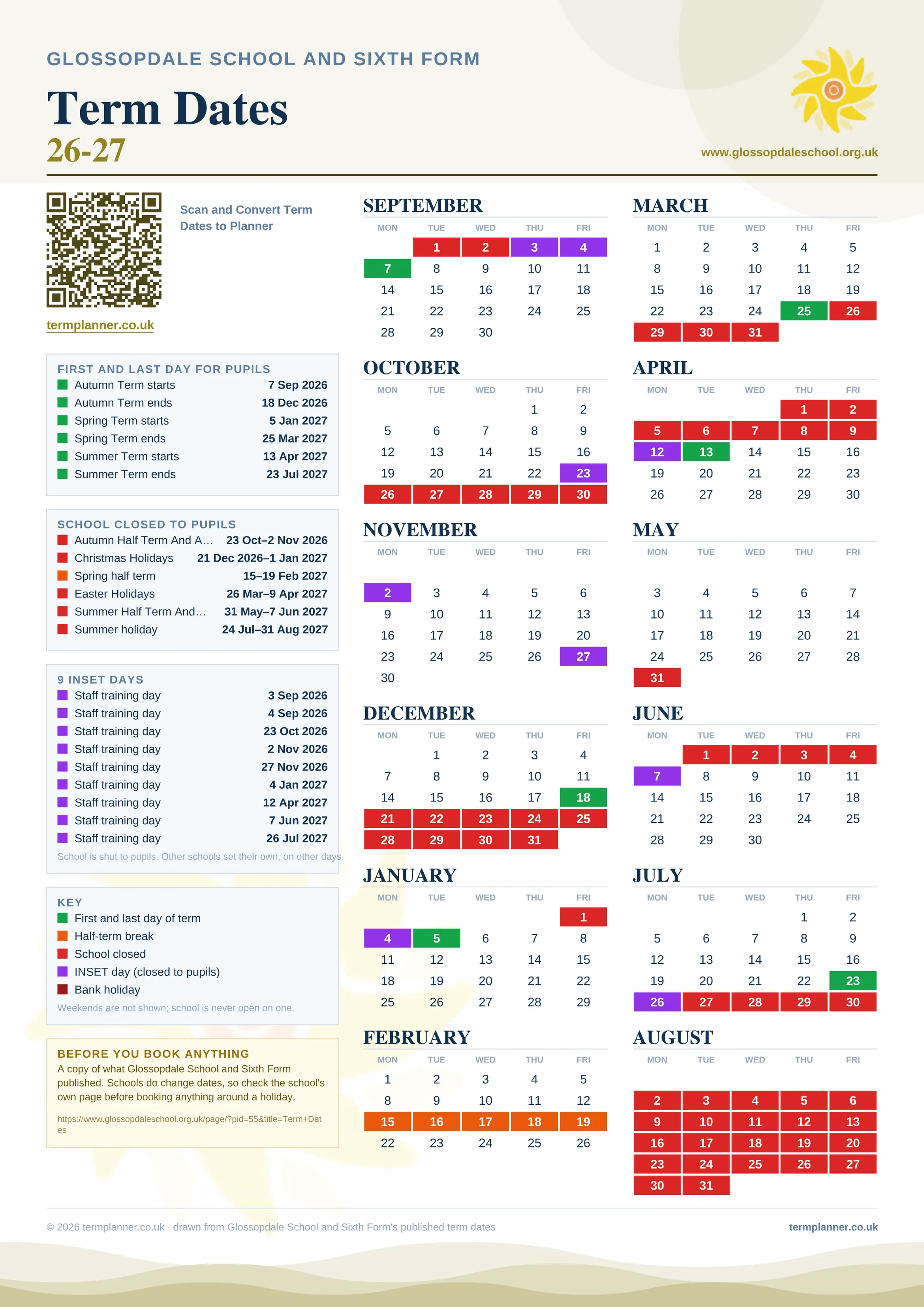 Glossopdale School and Sixth Form’s 2026/27 school year drawn as one sheet: twelve month grids from September to August, Monday to Friday, with autumn term 7 September to 18 December 2026, spring term 5 January to 25 March 2027, summer term 13 April to 23 July 2027. Half terms, holidays and bank holidays are filled in colour, the first and last day of each term is marked, 9 INSET days are picked out, and every date is listed again in words down the left.