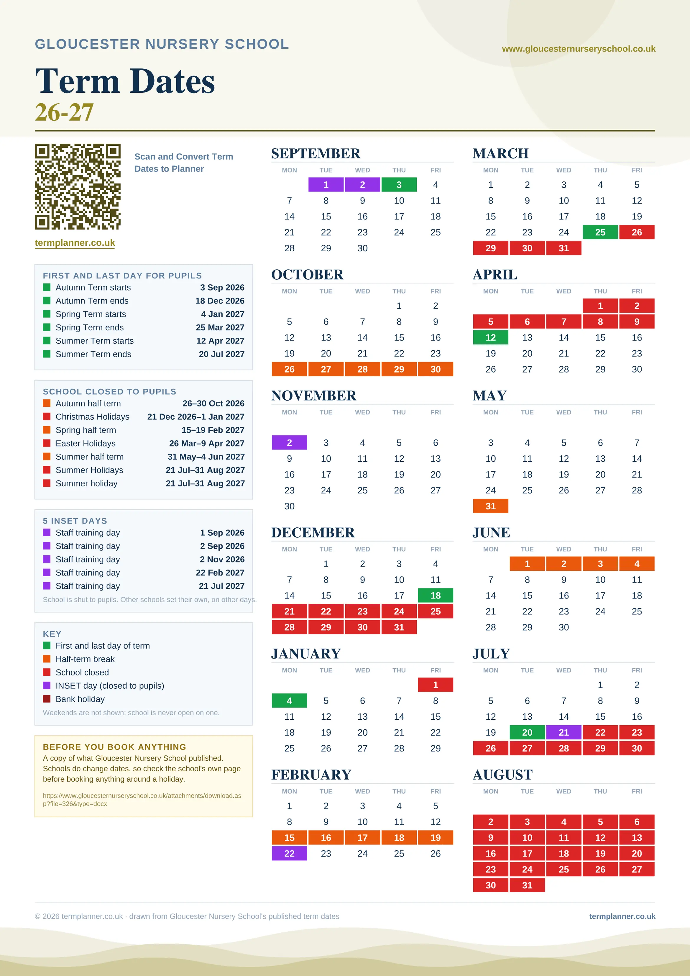 Gloucester Nursery School’s 2026/27 school year drawn as one sheet: twelve month grids from September to August, Monday to Friday, with autumn term 3 September to 18 December 2026, spring term 4 January to 25 March 2027, summer term 12 April to 20 July 2027. Half terms, holidays and bank holidays are filled in colour, the first and last day of each term is marked, 5 INSET days are picked out, and every date is listed again in words down the left.