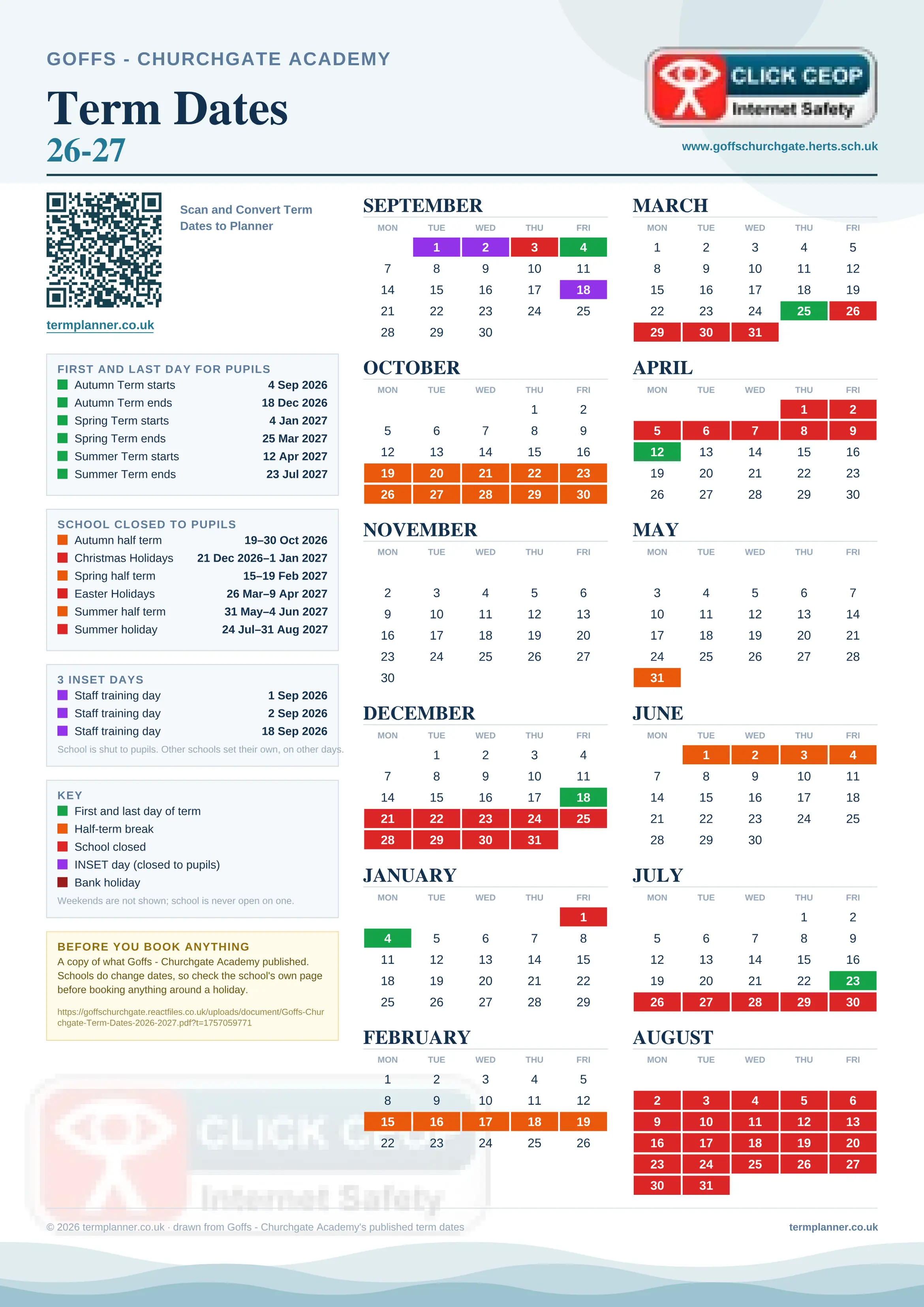 Goffs - Churchgate Academy’s 2026/27 school year drawn as one sheet: twelve month grids from September to August, Monday to Friday, with autumn term 4 September to 18 December 2026, spring term 4 January to 25 March 2027, summer term 12 April to 23 July 2027. Half terms, holidays and bank holidays are filled in colour, the first and last day of each term is marked, 3 INSET days are picked out, and every date is listed again in words down the left.