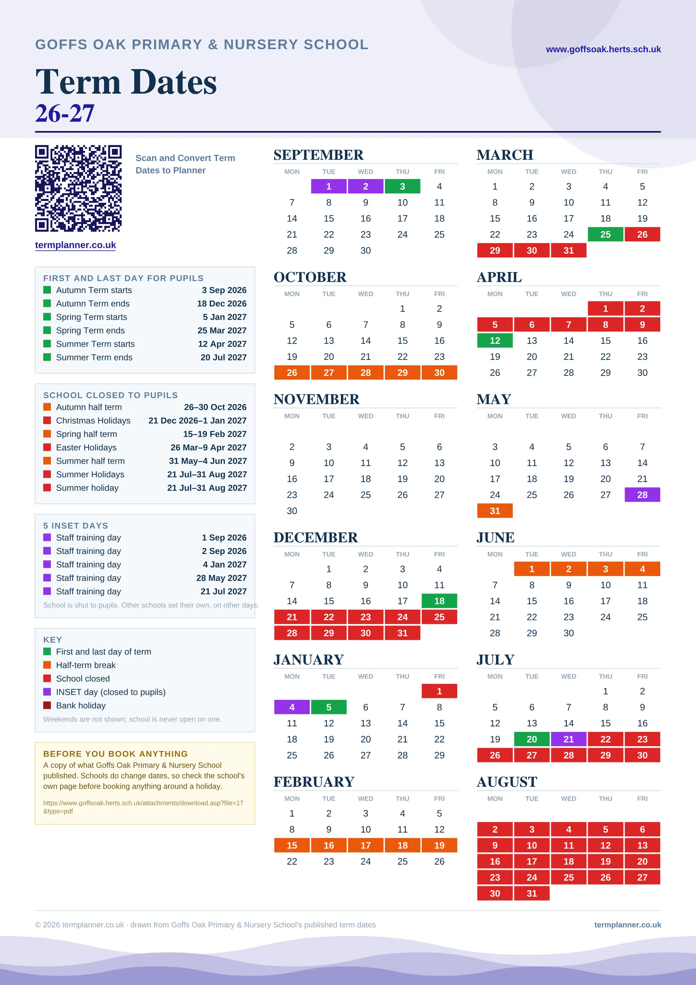 Goffs Oak Primary & Nursery School’s 2026/27 school year drawn as one sheet: twelve month grids from September to August, Monday to Friday, with autumn term 3 September to 18 December 2026, spring term 5 January to 25 March 2027, summer term 12 April to 20 July 2027. Half terms, holidays and bank holidays are filled in colour, the first and last day of each term is marked, 5 INSET days are picked out, and every date is listed again in words down the left.