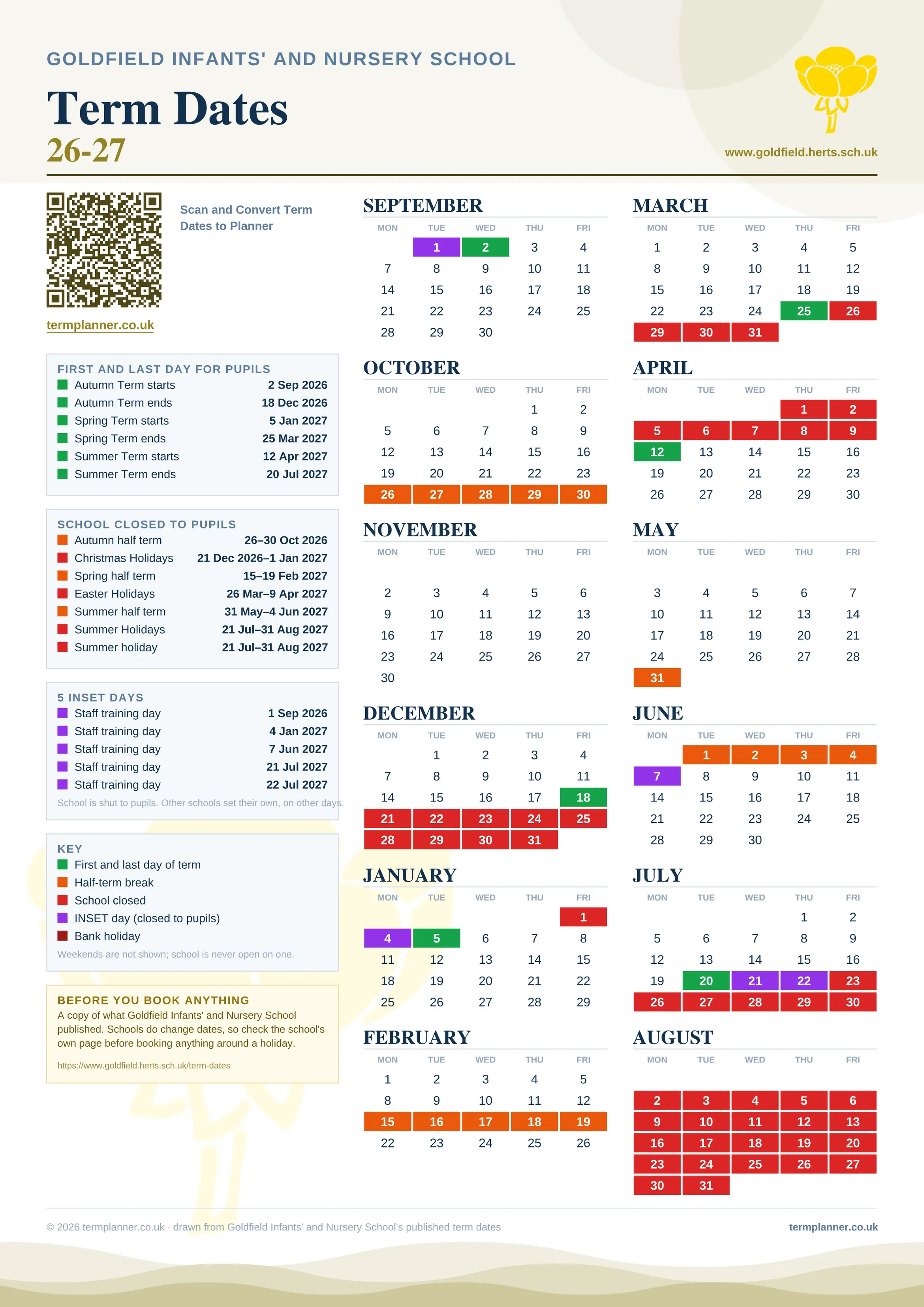 Goldfield Infants' and Nursery School’s 2026/27 school year drawn as one sheet: twelve month grids from September to August, Monday to Friday, with autumn term 2 September to 18 December 2026, spring term 5 January to 25 March 2027, summer term 12 April to 20 July 2027. Half terms, holidays and bank holidays are filled in colour, the first and last day of each term is marked, 5 INSET days are picked out, and every date is listed again in words down the left.
