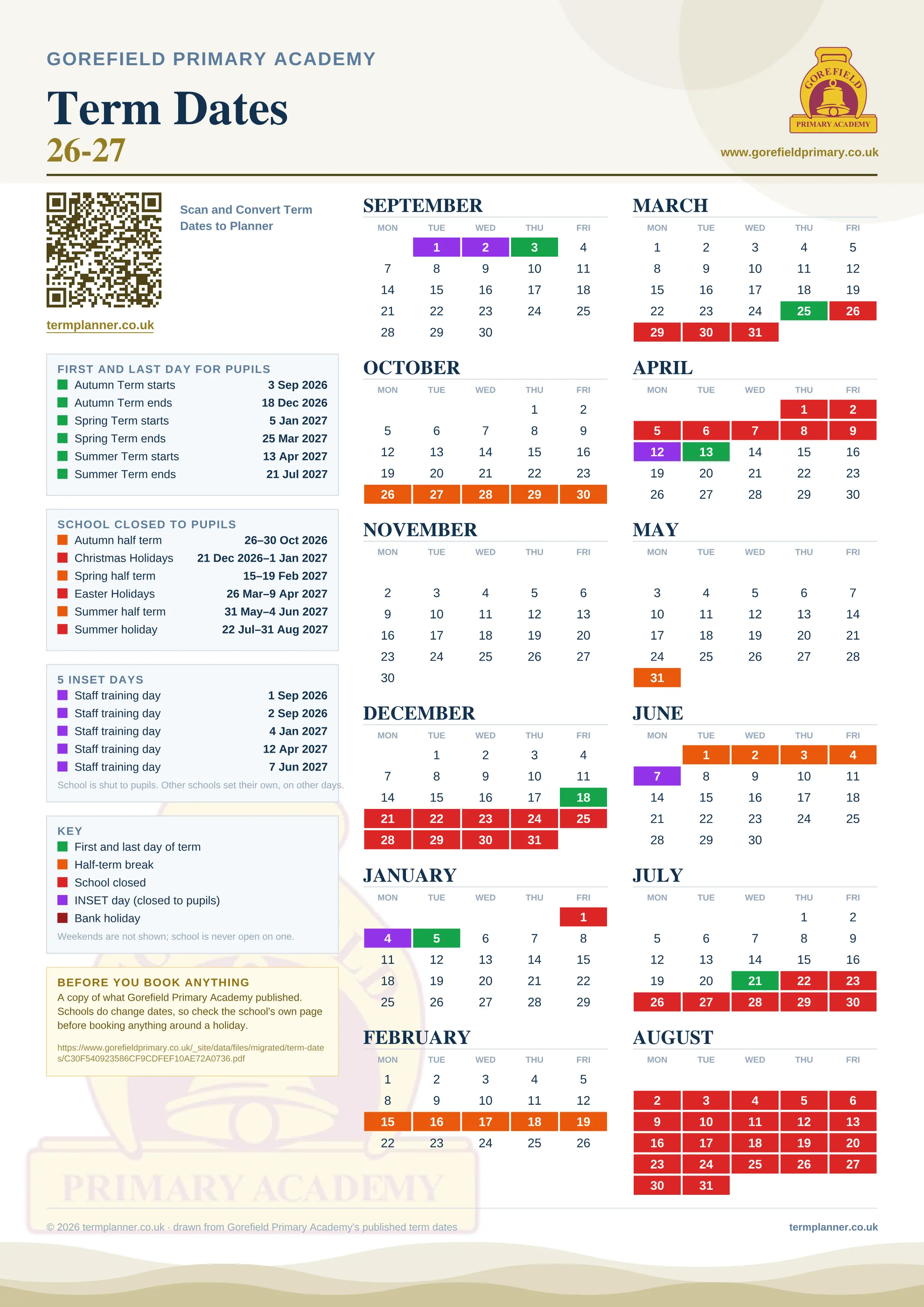 Gorefield Primary Academy’s 2026/27 school year drawn as one sheet: twelve month grids from September to August, Monday to Friday, with autumn term 3 September to 18 December 2026, spring term 5 January to 25 March 2027, summer term 13 April to 21 July 2027. Half terms, holidays and bank holidays are filled in colour, the first and last day of each term is marked, 5 INSET days are picked out, and every date is listed again in words down the left.