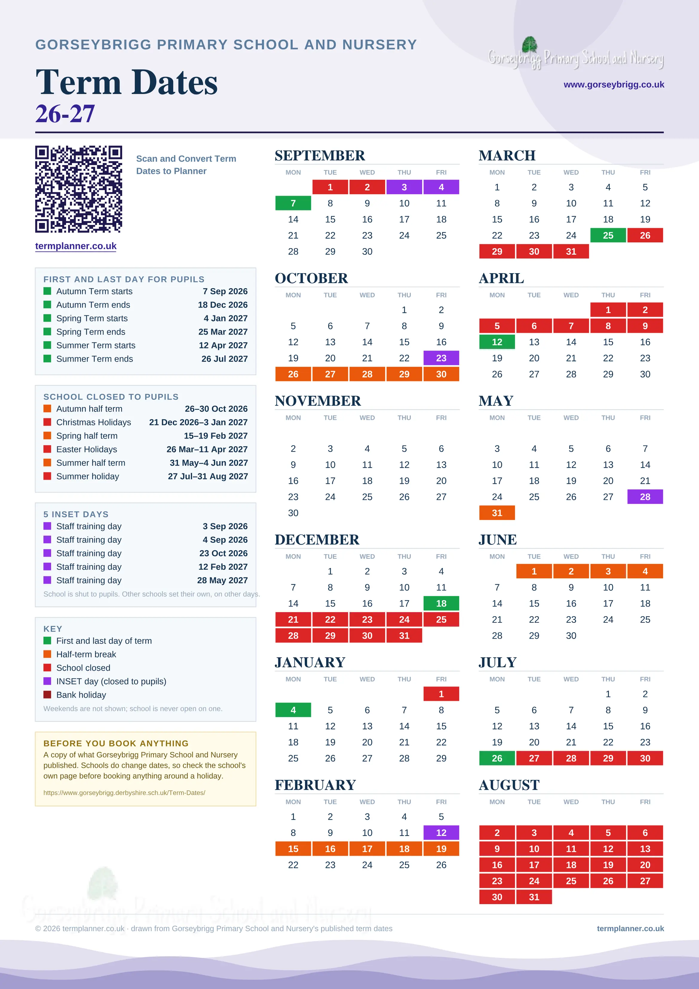 Gorseybrigg Primary School and Nursery’s 2026/27 school year drawn as one sheet: twelve month grids from September to August, Monday to Friday, with autumn term 7 September to 18 December 2026, spring term 4 January to 25 March 2027, summer term 12 April to 26 July 2027. Half terms, holidays and bank holidays are filled in colour, the first and last day of each term is marked, 5 INSET days are picked out, and every date is listed again in words down the left.