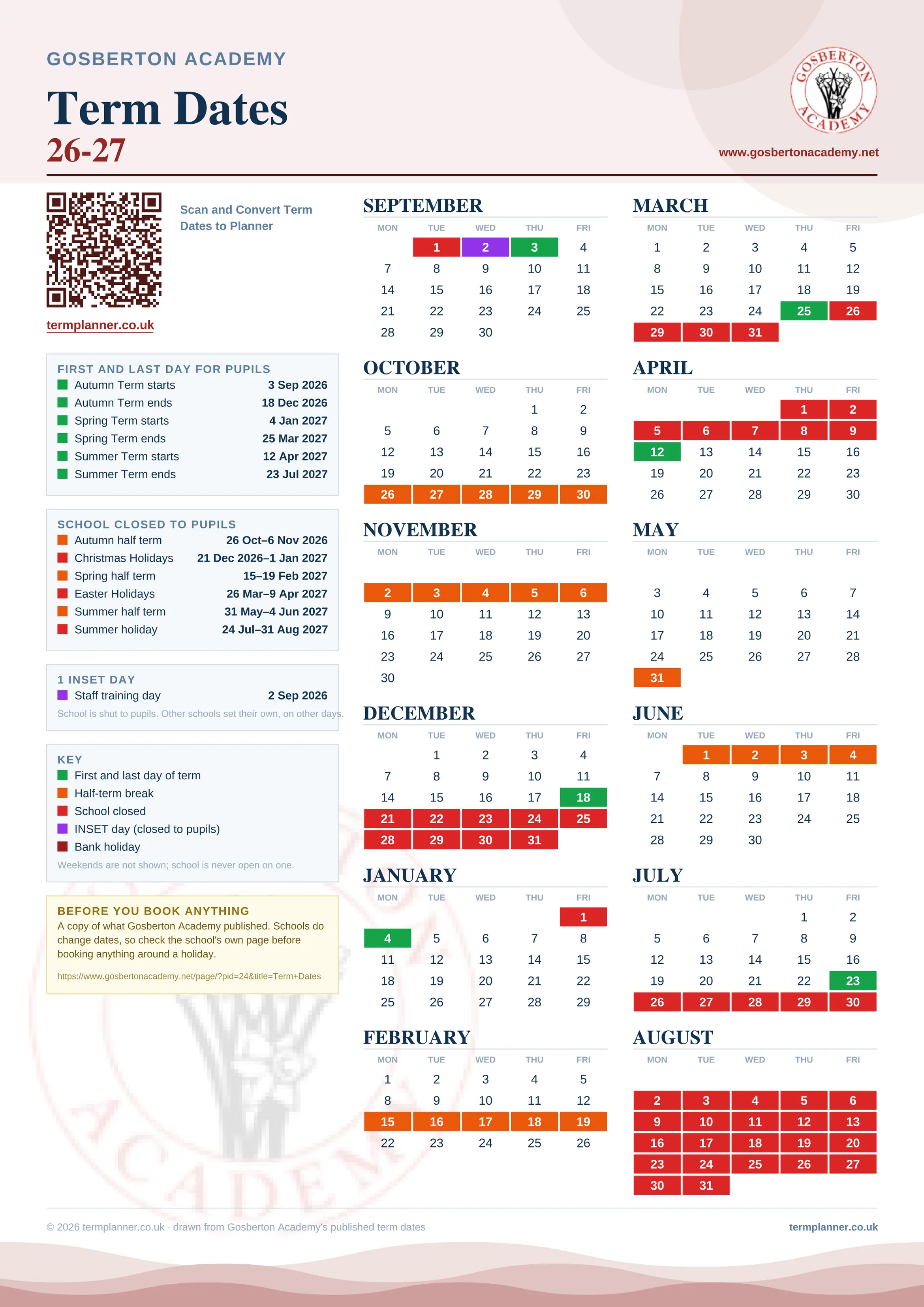 Gosberton Academy’s 2026/27 school year drawn as one sheet: twelve month grids from September to August, Monday to Friday, with autumn term 3 September to 18 December 2026, spring term 4 January to 25 March 2027, summer term 12 April to 23 July 2027. Half terms, holidays and bank holidays are filled in colour, the first and last day of each term is marked, 1 INSET day is picked out, and every date is listed again in words down the left.