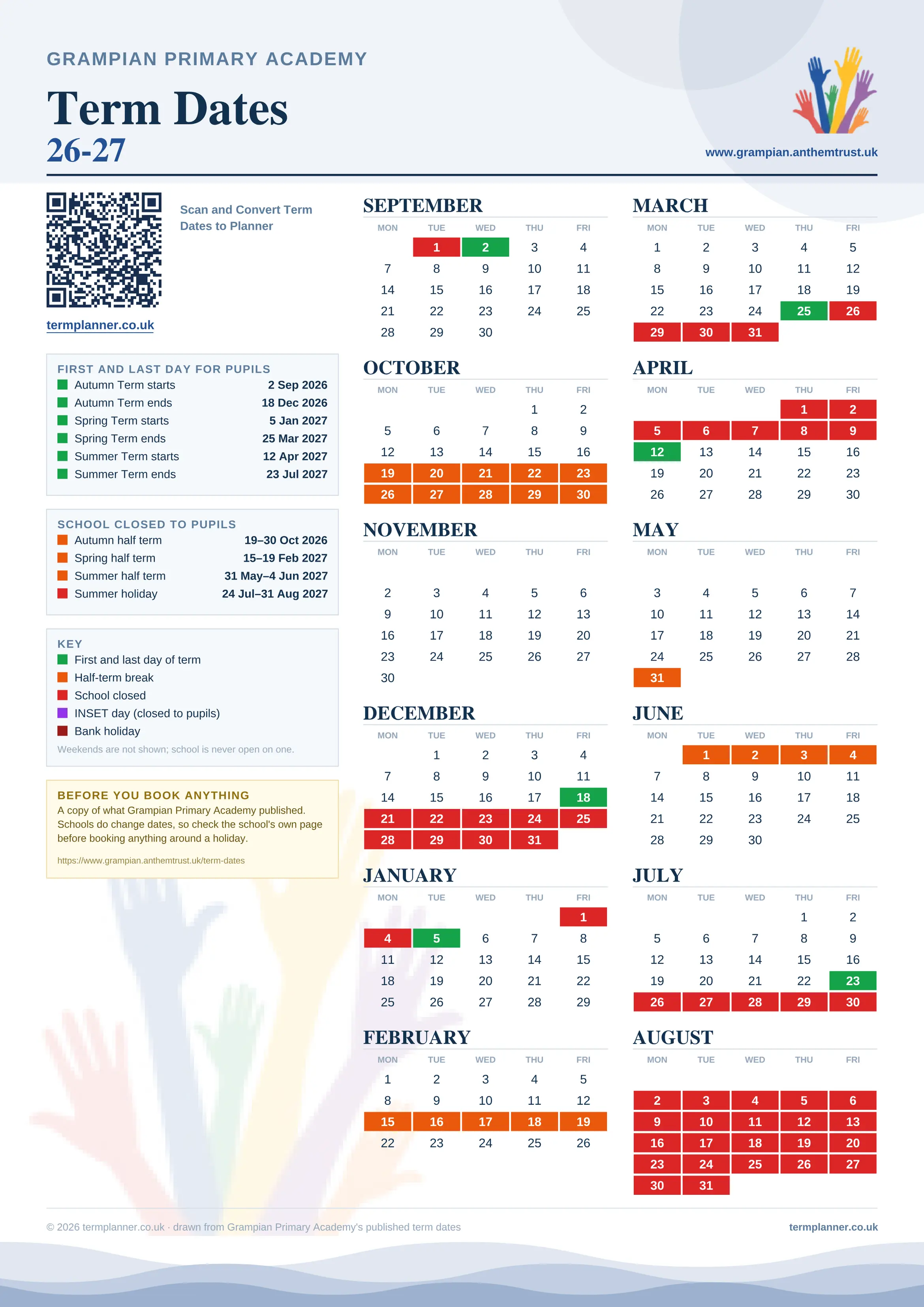Grampian Primary Academy’s 2026/27 school year drawn as one sheet: twelve month grids from September to August, Monday to Friday, with autumn term 2 September to 18 December 2026, spring term 5 January to 25 March 2027, summer term 12 April to 23 July 2027. Half terms, holidays and bank holidays are filled in colour, the first and last day of each term is marked, and every date is listed again in words down the left.