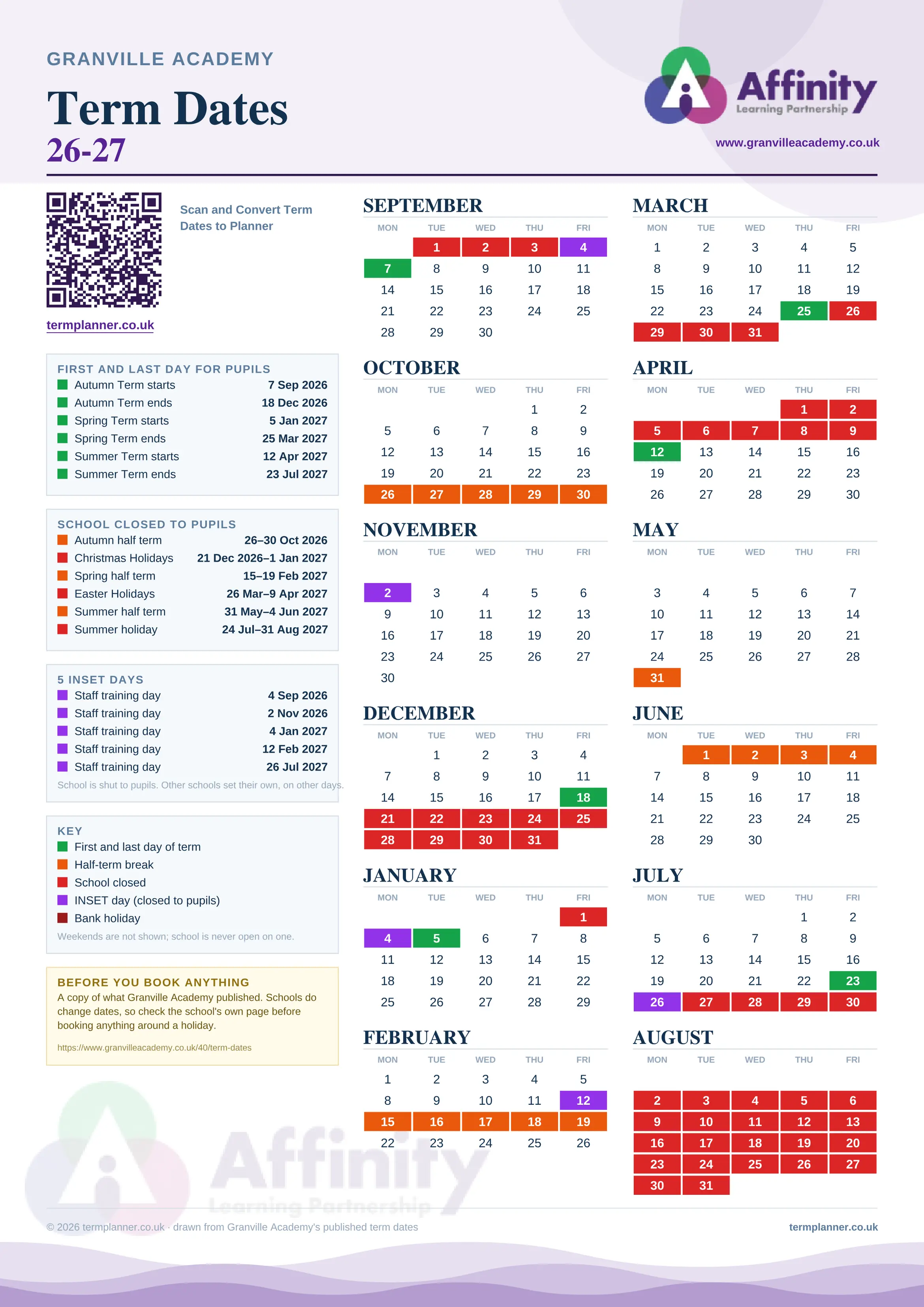Granville Academy’s 2026/27 school year drawn as one sheet: twelve month grids from September to August, Monday to Friday, with autumn term 7 September to 18 December 2026, spring term 5 January to 25 March 2027, summer term 12 April to 23 July 2027. Half terms, holidays and bank holidays are filled in colour, the first and last day of each term is marked, 5 INSET days are picked out, and every date is listed again in words down the left.