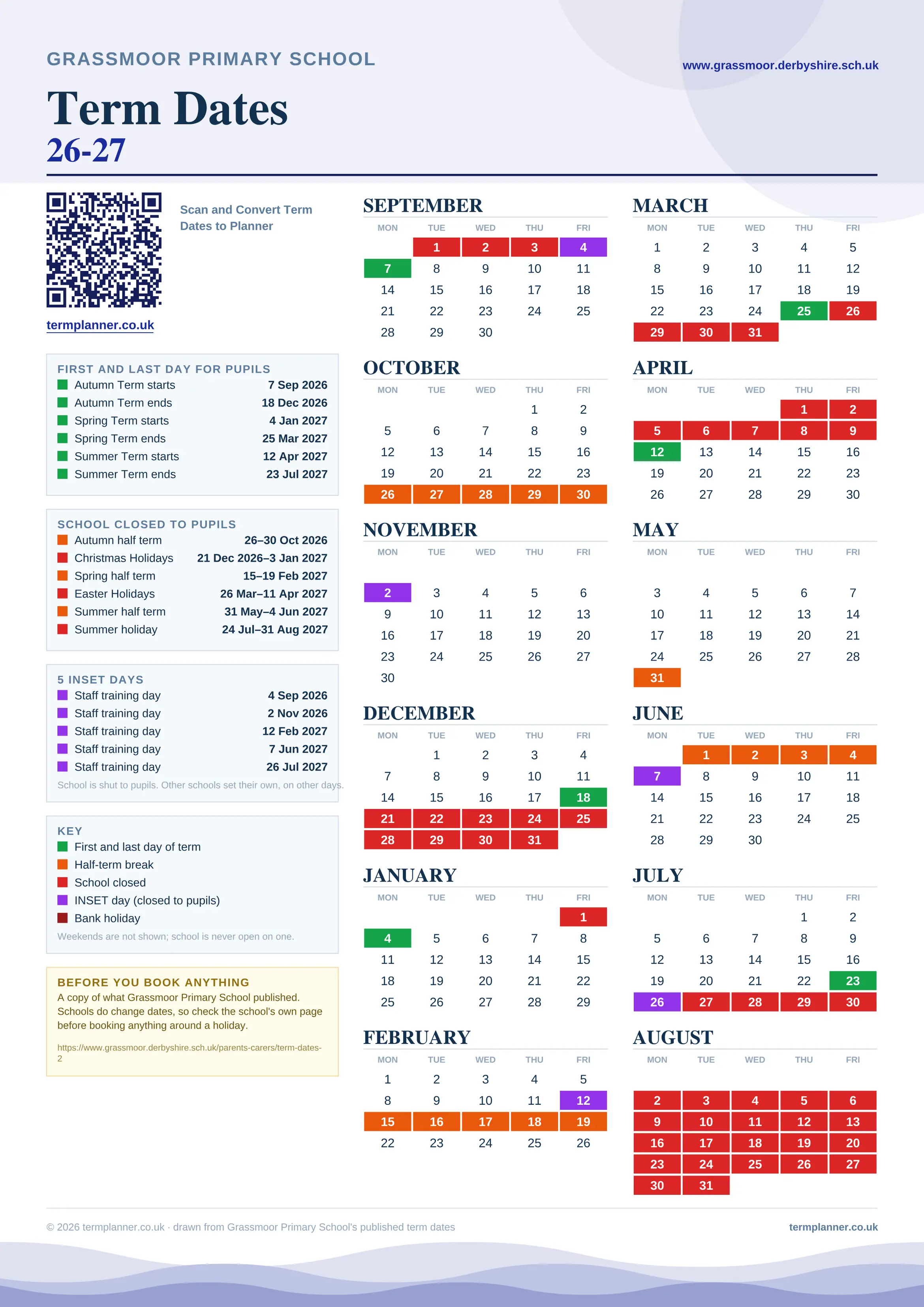Grassmoor Primary School’s 2026/27 school year drawn as one sheet: twelve month grids from September to August, Monday to Friday, with autumn term 7 September to 18 December 2026, spring term 4 January to 25 March 2027, summer term 12 April to 23 July 2027. Half terms, holidays and bank holidays are filled in colour, the first and last day of each term is marked, 5 INSET days are picked out, and every date is listed again in words down the left.