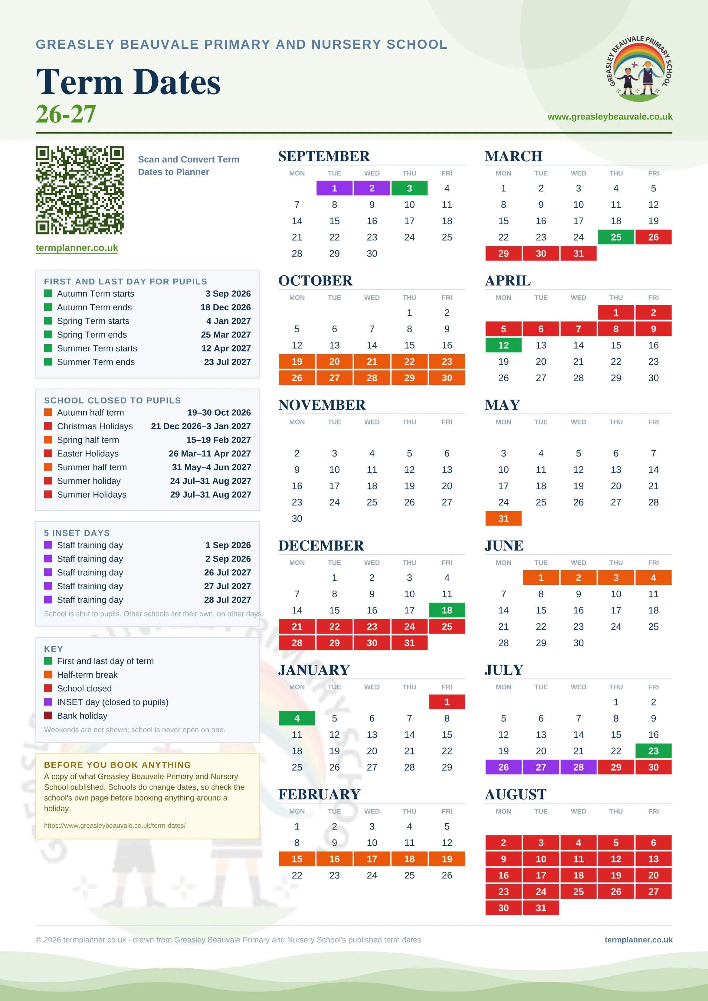 Greasley Beauvale Primary and Nursery School’s 2026/27 school year drawn as one sheet: twelve month grids from September to August, Monday to Friday, with autumn term 3 September to 18 December 2026, spring term 4 January to 25 March 2027, summer term 12 April to 23 July 2027. Half terms, holidays and bank holidays are filled in colour, the first and last day of each term is marked, 5 INSET days are picked out, and every date is listed again in words down the left.