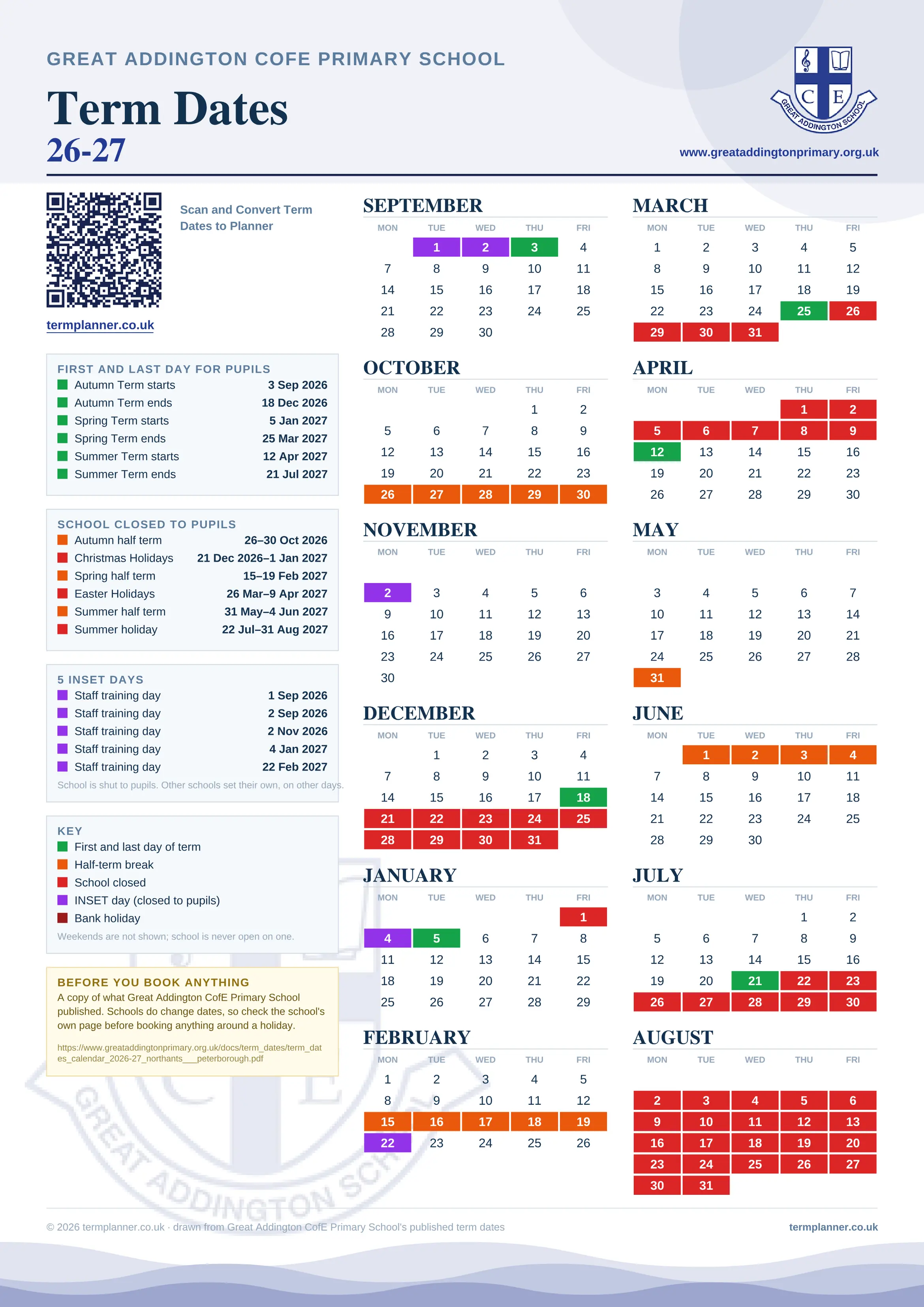 Great Addington CofE Primary School’s 2026/27 school year drawn as one sheet: twelve month grids from September to August, Monday to Friday, with autumn term 3 September to 18 December 2026, spring term 5 January to 25 March 2027, summer term 12 April to 21 July 2027. Half terms, holidays and bank holidays are filled in colour, the first and last day of each term is marked, 5 INSET days are picked out, and every date is listed again in words down the left.