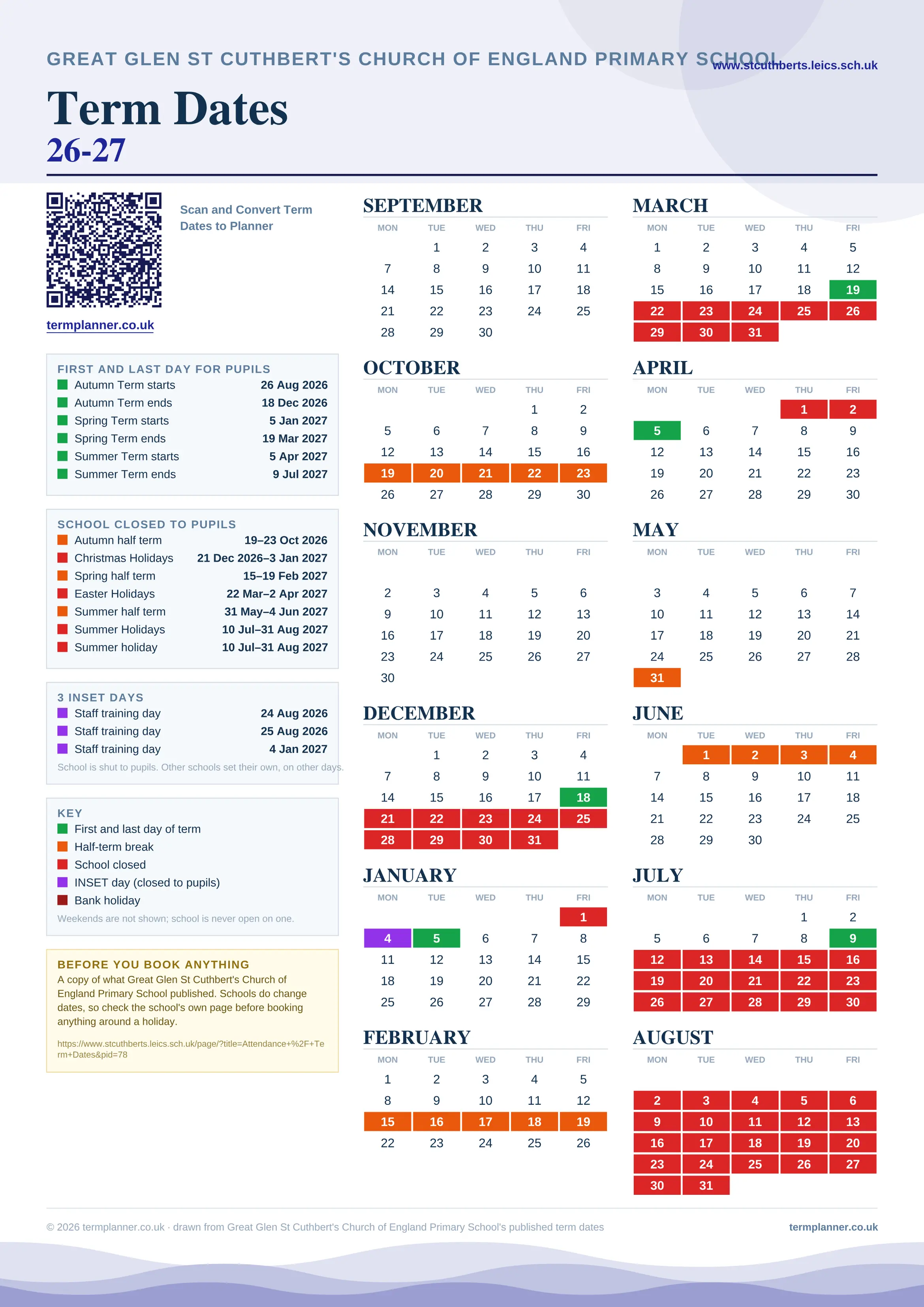 Great Glen St Cuthbert's Church of England Primary School’s 2026/27 school year drawn as one sheet: twelve month grids from September to August, Monday to Friday, with autumn term 26 August to 18 December 2026, spring term 5 January to 19 March 2027, summer term 5 April to 9 July 2027. Half terms, holidays and bank holidays are filled in colour, the first and last day of each term is marked, 3 INSET days are picked out, and every date is listed again in words down the left.
