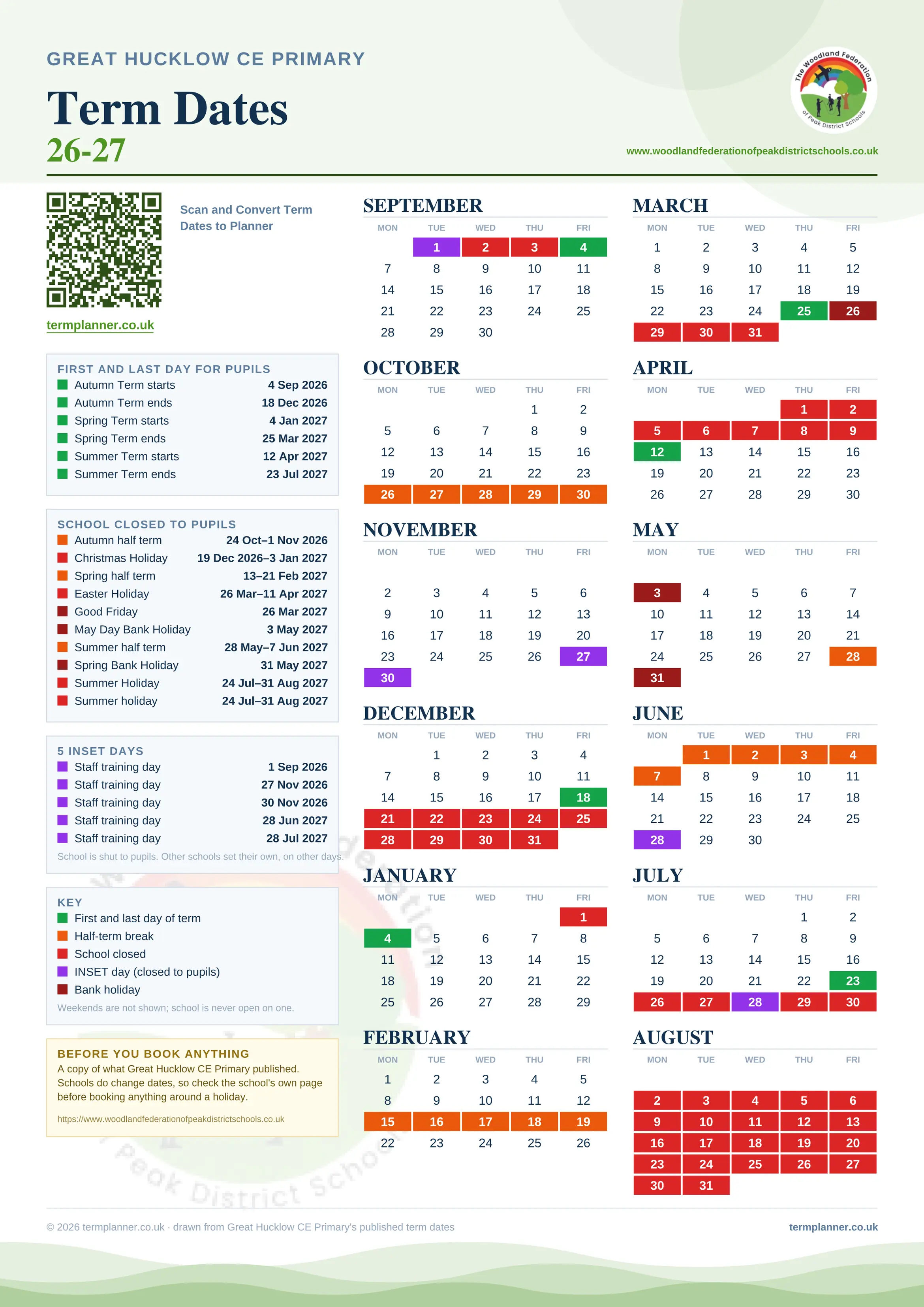 Great Hucklow CE Primary’s 2026/27 school year drawn as one sheet: twelve month grids from September to August, Monday to Friday, with autumn term 4 September to 18 December 2026, spring term 4 January to 25 March 2027, summer term 12 April to 23 July 2027. Half terms, holidays and bank holidays are filled in colour, the first and last day of each term is marked, 5 INSET days are picked out, and every date is listed again in words down the left.