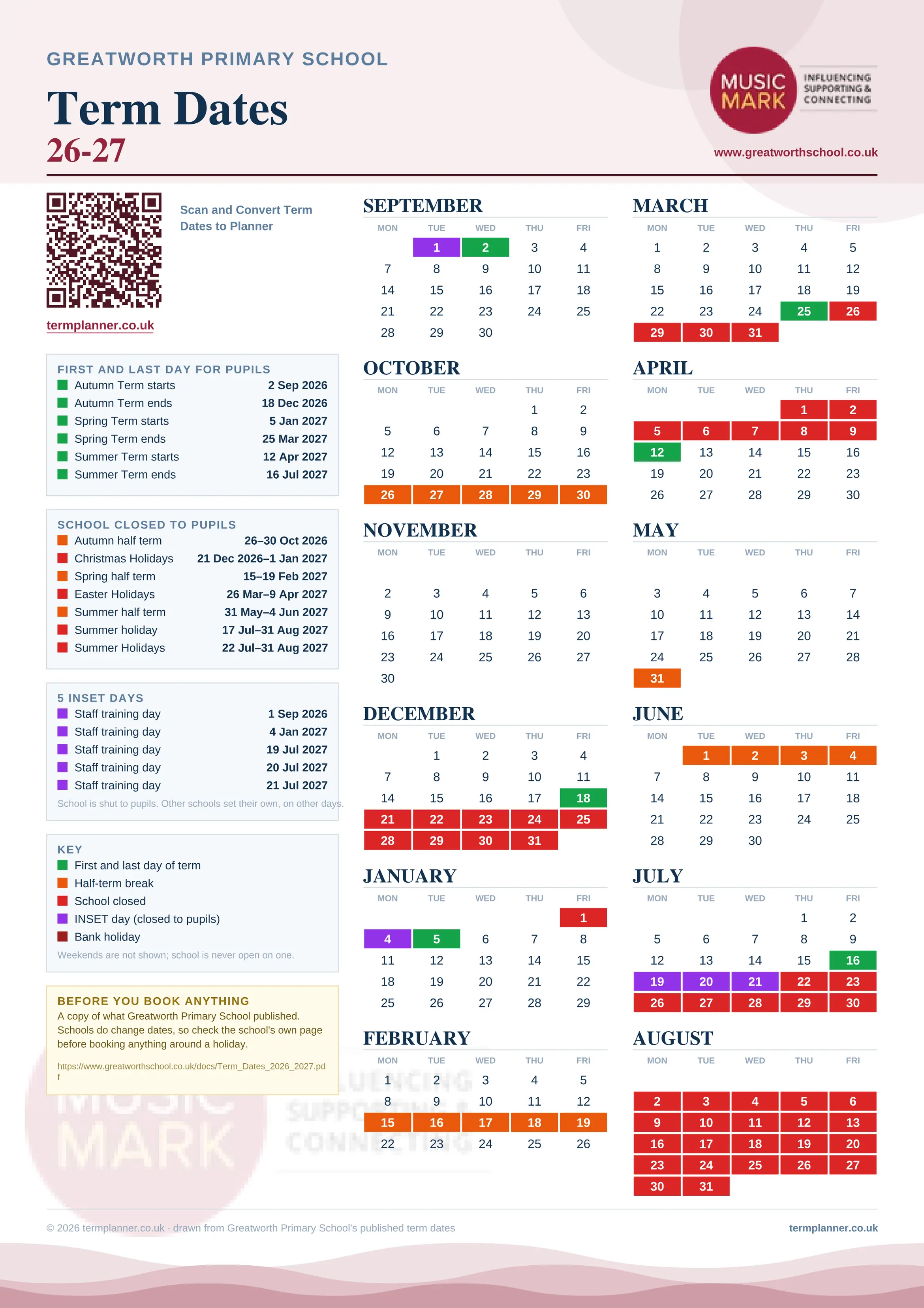 Greatworth Primary School’s 2026/27 school year drawn as one sheet: twelve month grids from September to August, Monday to Friday, with autumn term 2 September to 18 December 2026, spring term 5 January to 25 March 2027, summer term 12 April to 16 July 2027. Half terms, holidays and bank holidays are filled in colour, the first and last day of each term is marked, 5 INSET days are picked out, and every date is listed again in words down the left.