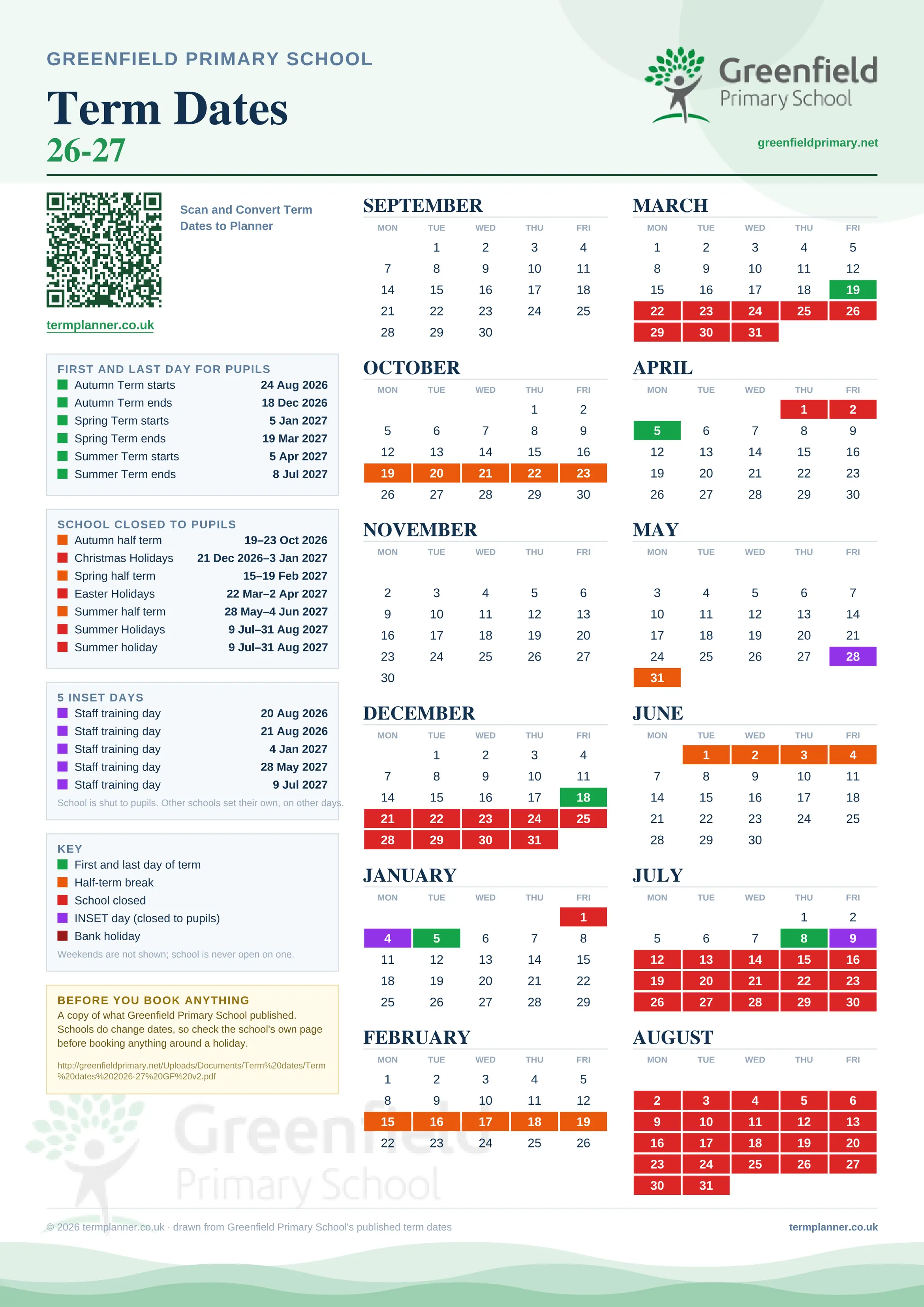 Greenfield Primary School’s 2026/27 school year drawn as one sheet: twelve month grids from September to August, Monday to Friday, with autumn term 24 August to 18 December 2026, spring term 5 January to 19 March 2027, summer term 5 April to 8 July 2027. Half terms, holidays and bank holidays are filled in colour, the first and last day of each term is marked, 5 INSET days are picked out, and every date is listed again in words down the left.