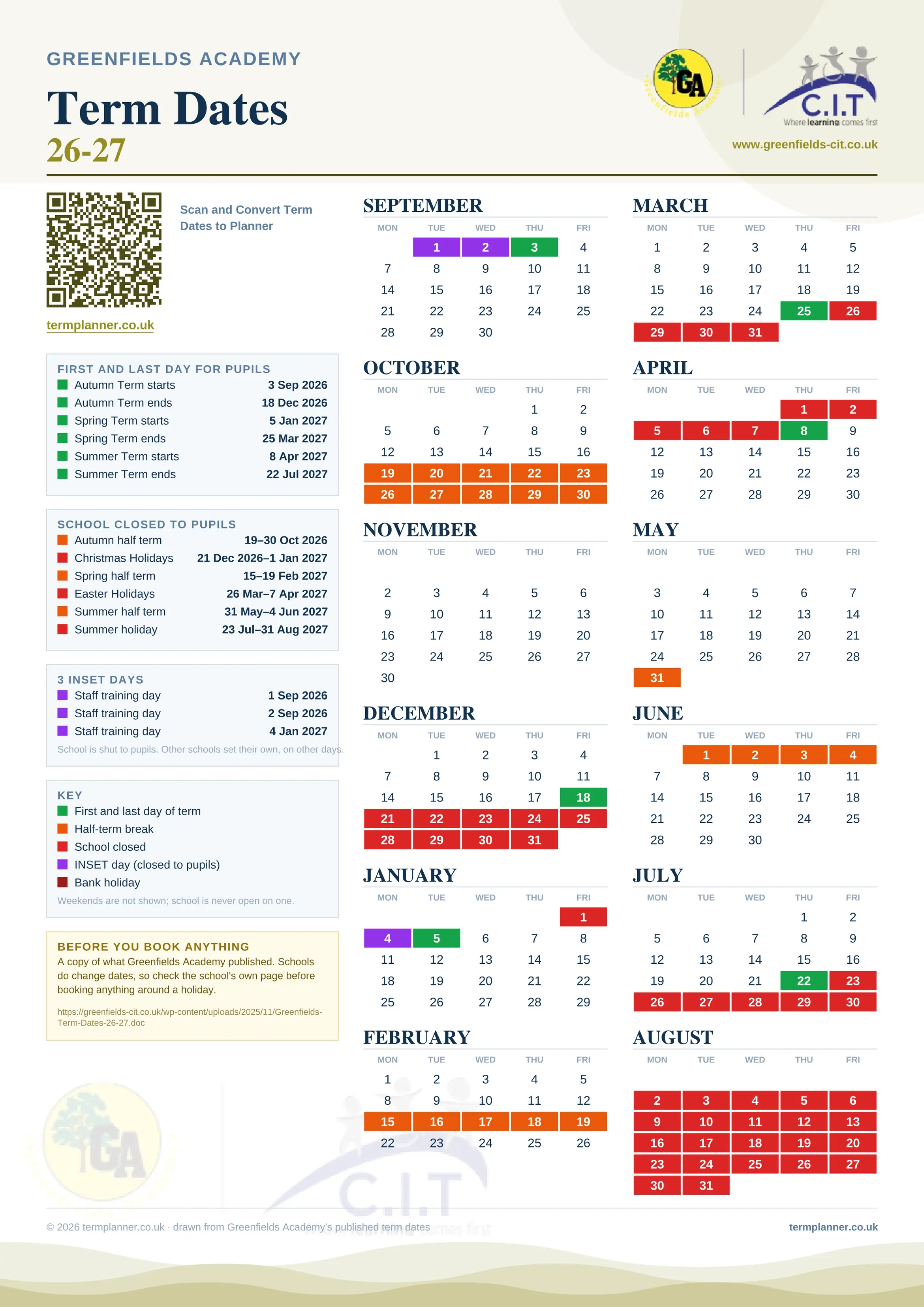 Greenfields Academy’s 2026/27 school year drawn as one sheet: twelve month grids from September to August, Monday to Friday, with autumn term 3 September to 18 December 2026, spring term 5 January to 25 March 2027, summer term 8 April to 22 July 2027. Half terms, holidays and bank holidays are filled in colour, the first and last day of each term is marked, 3 INSET days are picked out, and every date is listed again in words down the left.