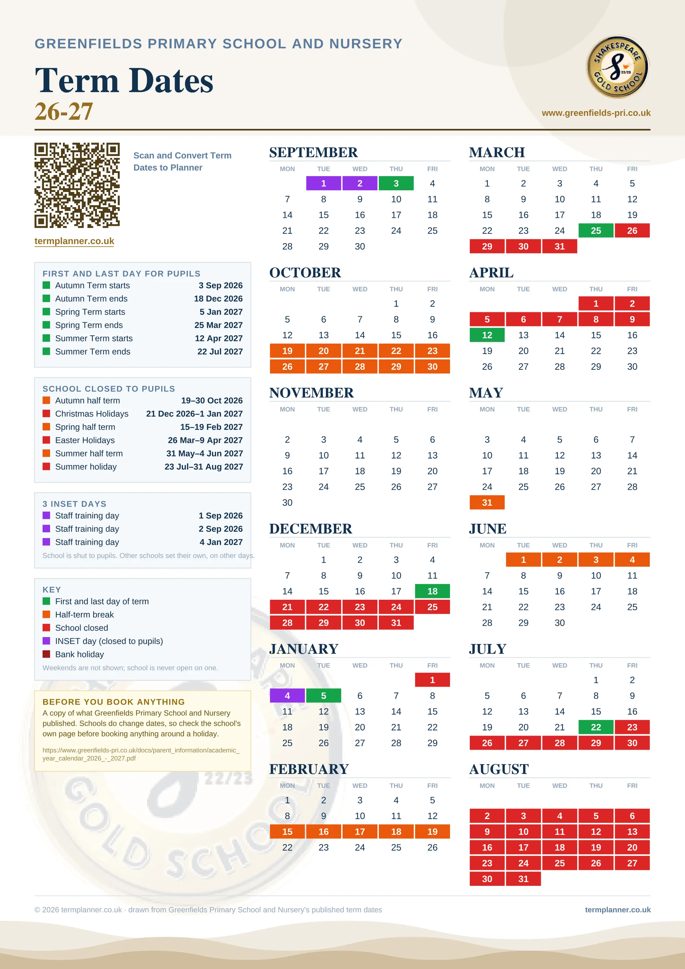 Greenfields Primary School and Nursery’s 2026/27 school year drawn as one sheet: twelve month grids from September to August, Monday to Friday, with autumn term 3 September to 18 December 2026, spring term 5 January to 25 March 2027, summer term 12 April to 22 July 2027. Half terms, holidays and bank holidays are filled in colour, the first and last day of each term is marked, 3 INSET days are picked out, and every date is listed again in words down the left.