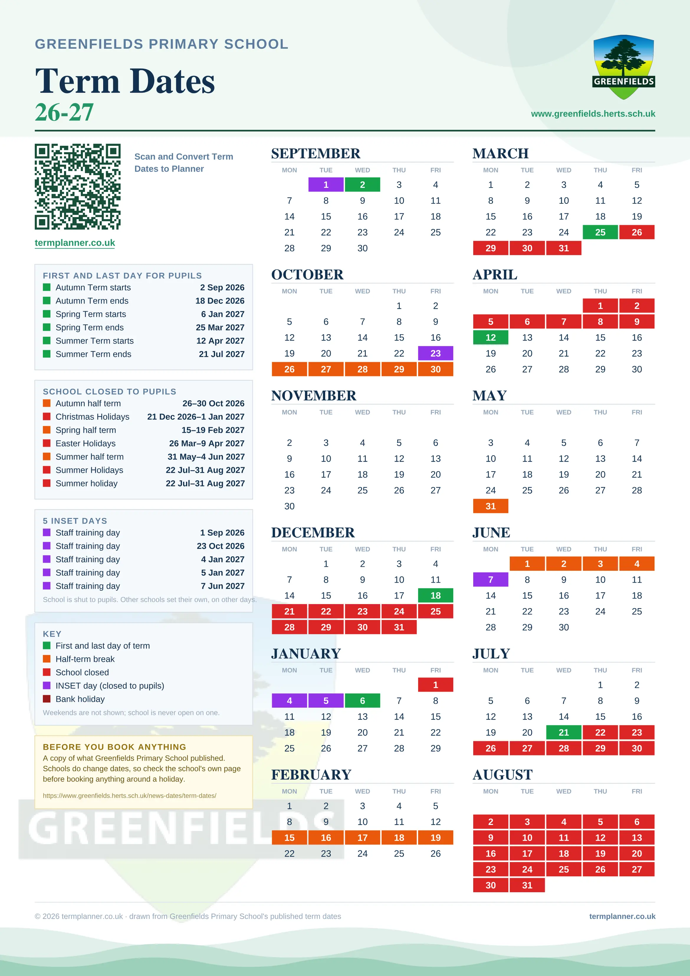 Greenfields Primary School’s 2026/27 school year drawn as one sheet: twelve month grids from September to August, Monday to Friday, with autumn term 2 September to 18 December 2026, spring term 6 January to 25 March 2027, summer term 12 April to 21 July 2027. Half terms, holidays and bank holidays are filled in colour, the first and last day of each term is marked, 5 INSET days are picked out, and every date is listed again in words down the left.
