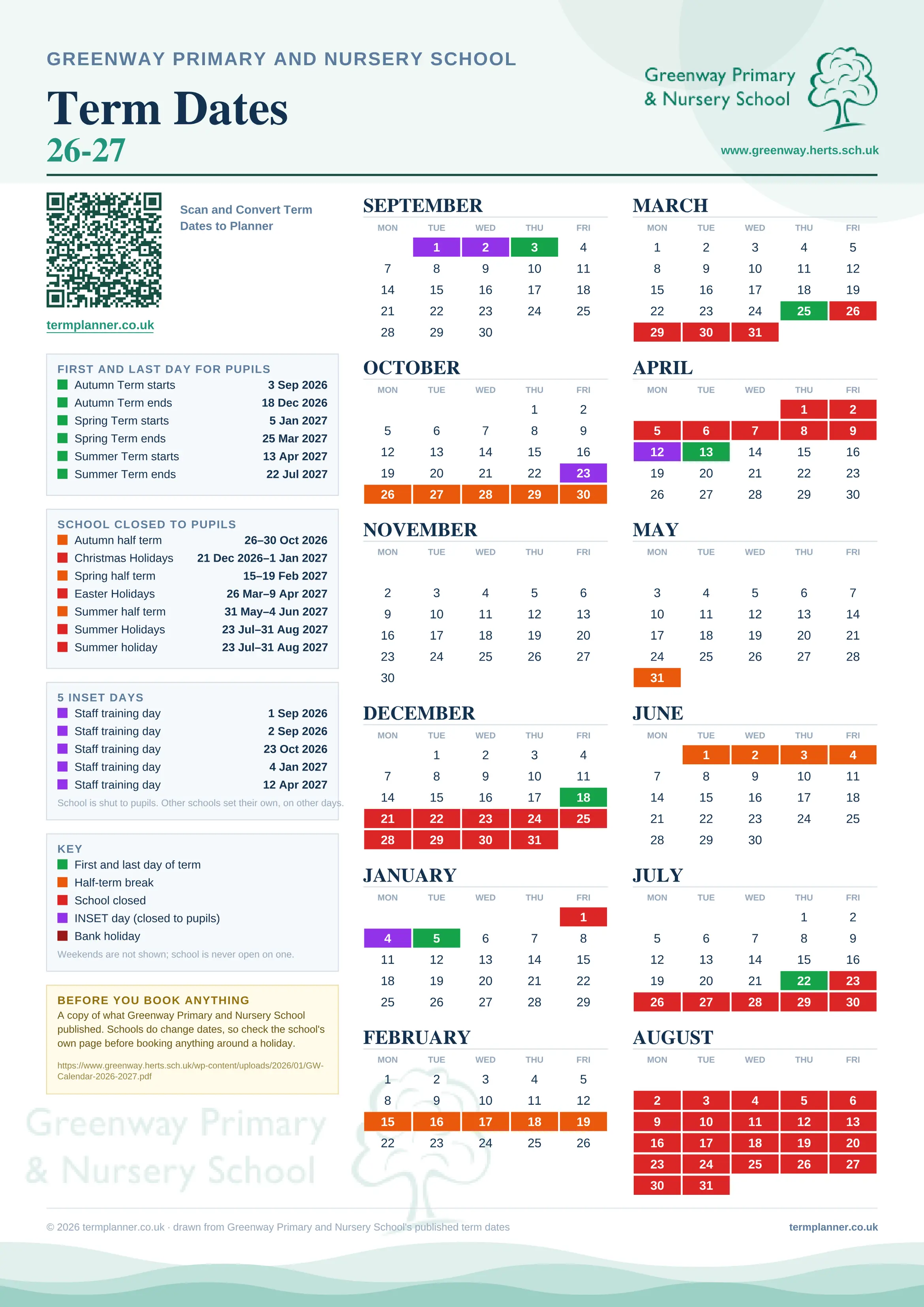 Greenway Primary and Nursery School’s 2026/27 school year drawn as one sheet: twelve month grids from September to August, Monday to Friday, with autumn term 3 September to 18 December 2026, spring term 5 January to 25 March 2027, summer term 13 April to 22 July 2027. Half terms, holidays and bank holidays are filled in colour, the first and last day of each term is marked, 5 INSET days are picked out, and every date is listed again in words down the left.
