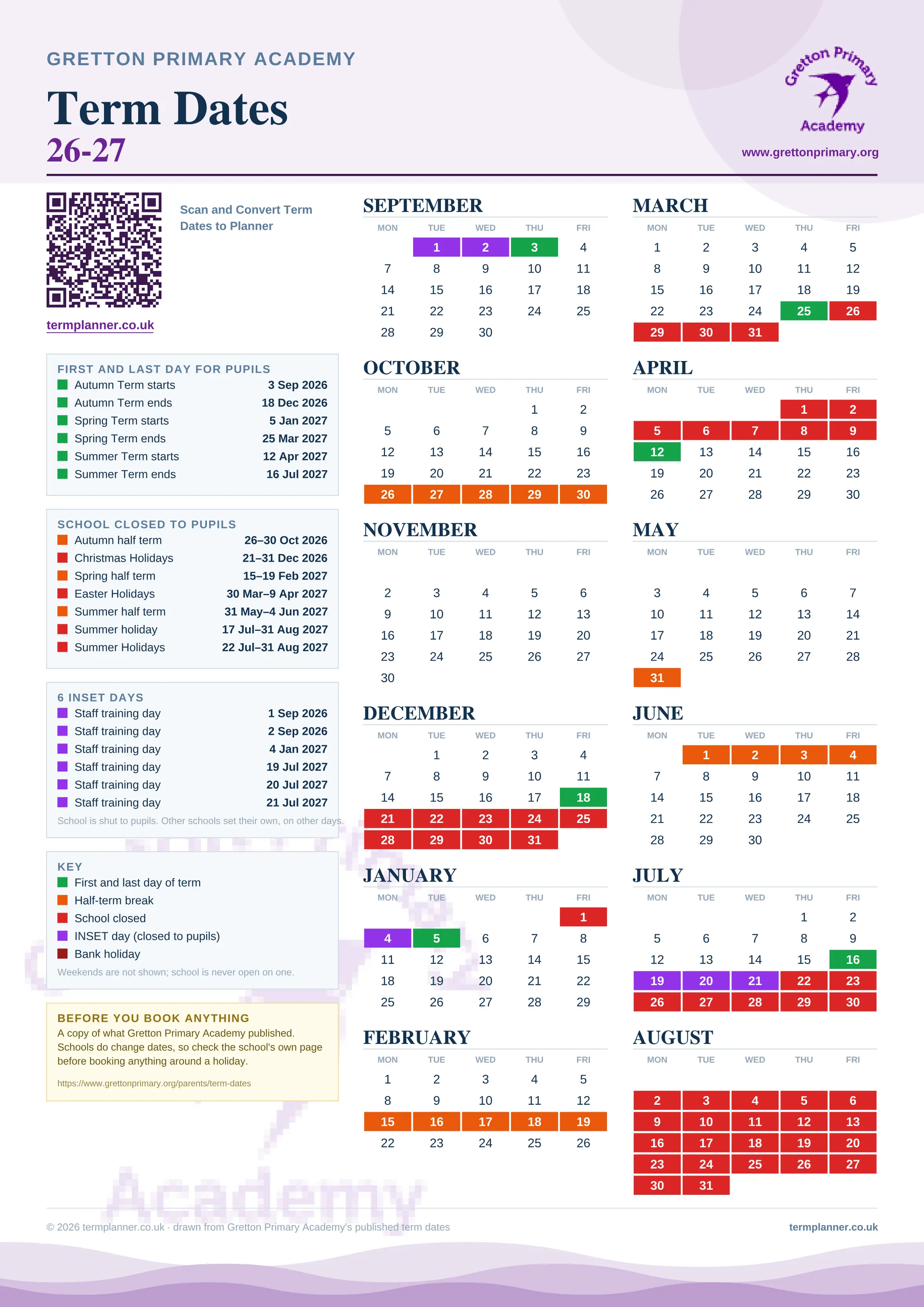 Gretton Primary Academy’s 2026/27 school year drawn as one sheet: twelve month grids from September to August, Monday to Friday, with autumn term 3 September to 18 December 2026, spring term 5 January to 25 March 2027, summer term 12 April to 16 July 2027. Half terms, holidays and bank holidays are filled in colour, the first and last day of each term is marked, 6 INSET days are picked out, and every date is listed again in words down the left.