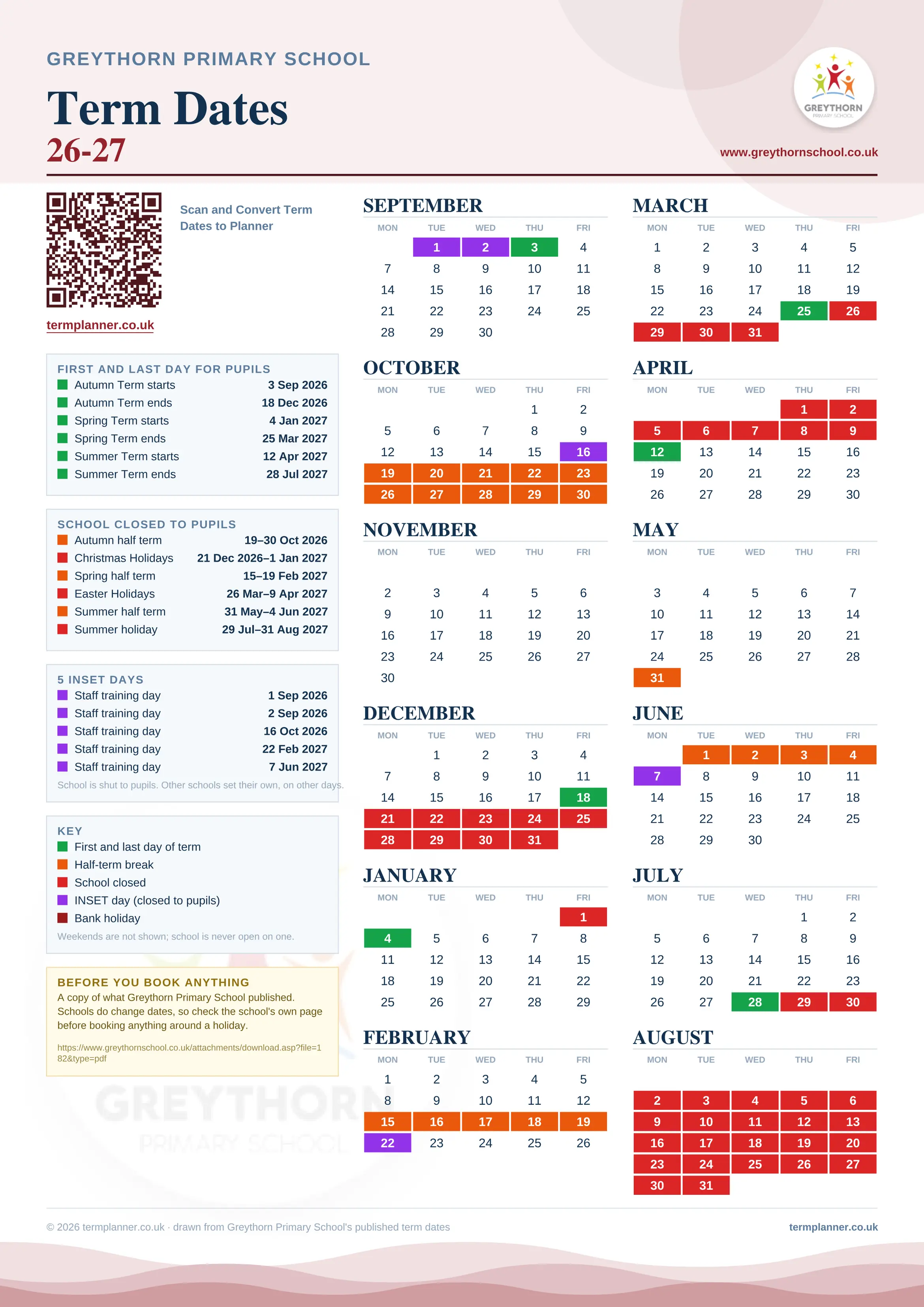 Greythorn Primary School’s 2026/27 school year drawn as one sheet: twelve month grids from September to August, Monday to Friday, with autumn term 3 September to 18 December 2026, spring term 4 January to 25 March 2027, summer term 12 April to 28 July 2027. Half terms, holidays and bank holidays are filled in colour, the first and last day of each term is marked, 5 INSET days are picked out, and every date is listed again in words down the left.