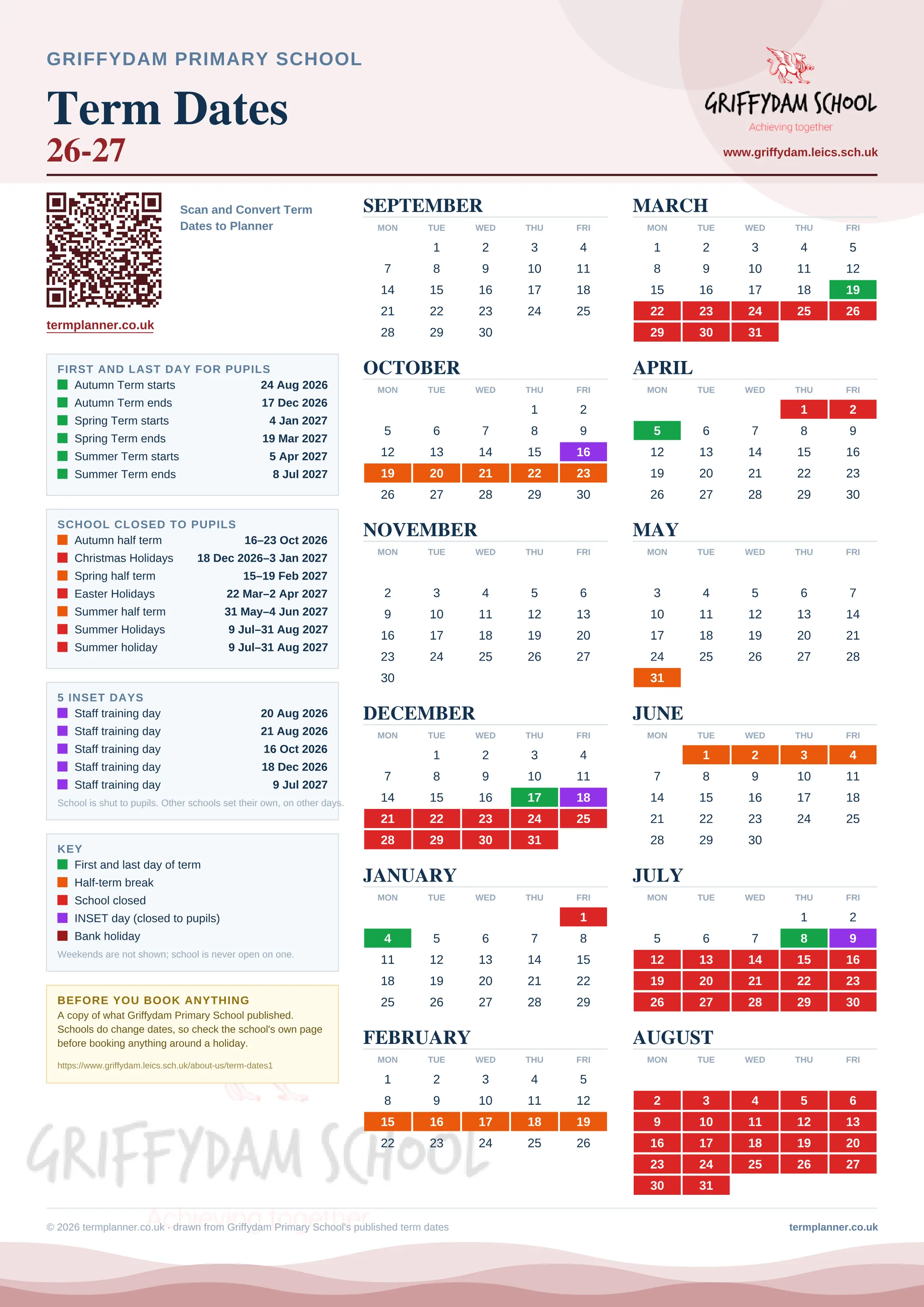 Griffydam Primary School’s 2026/27 school year drawn as one sheet: twelve month grids from September to August, Monday to Friday, with autumn term 24 August to 17 December 2026, spring term 4 January to 19 March 2027, summer term 5 April to 8 July 2027. Half terms, holidays and bank holidays are filled in colour, the first and last day of each term is marked, 5 INSET days are picked out, and every date is listed again in words down the left.