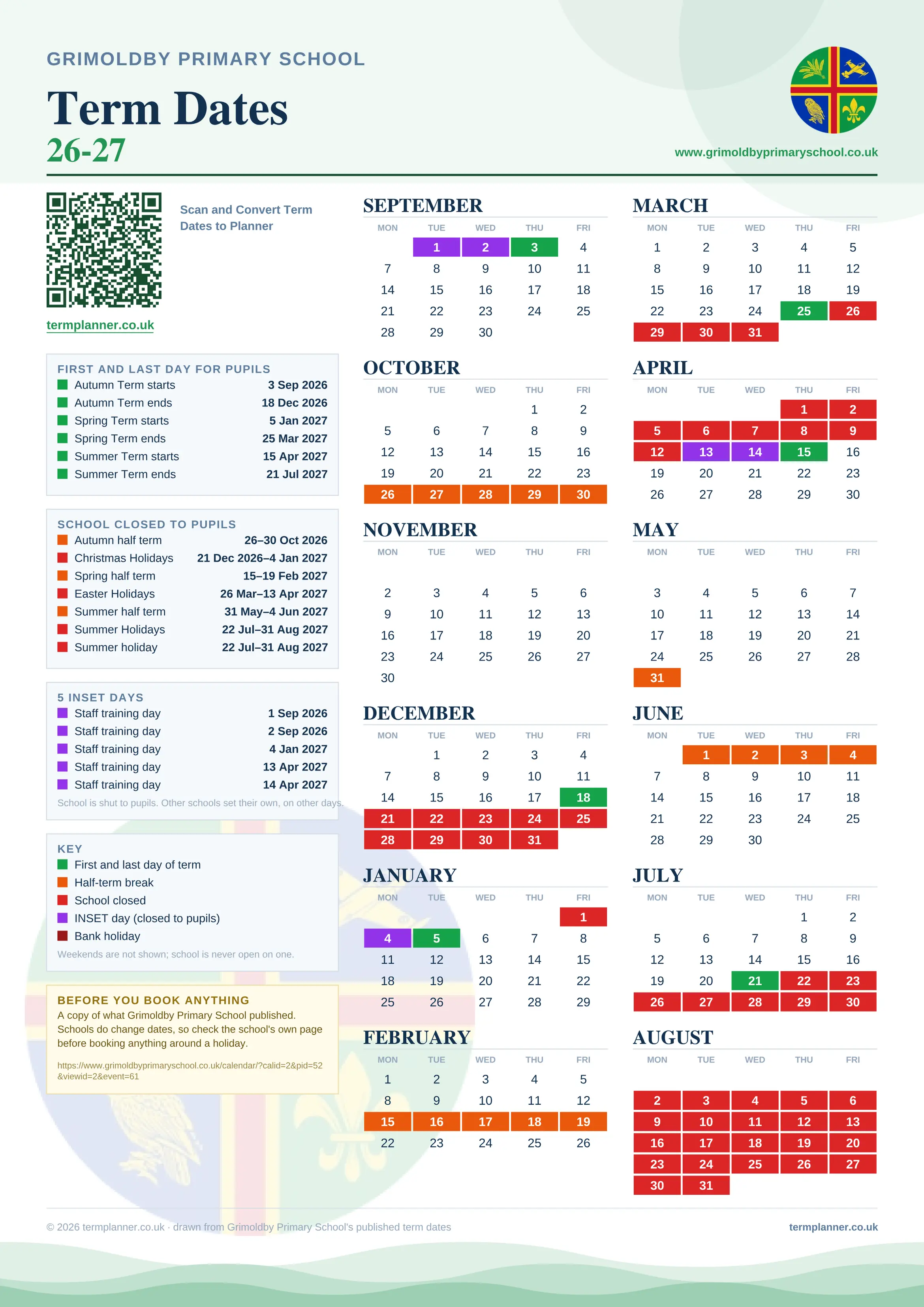 Grimoldby Primary School’s 2026/27 school year drawn as one sheet: twelve month grids from September to August, Monday to Friday, with autumn term 3 September to 18 December 2026, spring term 5 January to 25 March 2027, summer term 15 April to 21 July 2027. Half terms, holidays and bank holidays are filled in colour, the first and last day of each term is marked, 5 INSET days are picked out, and every date is listed again in words down the left.