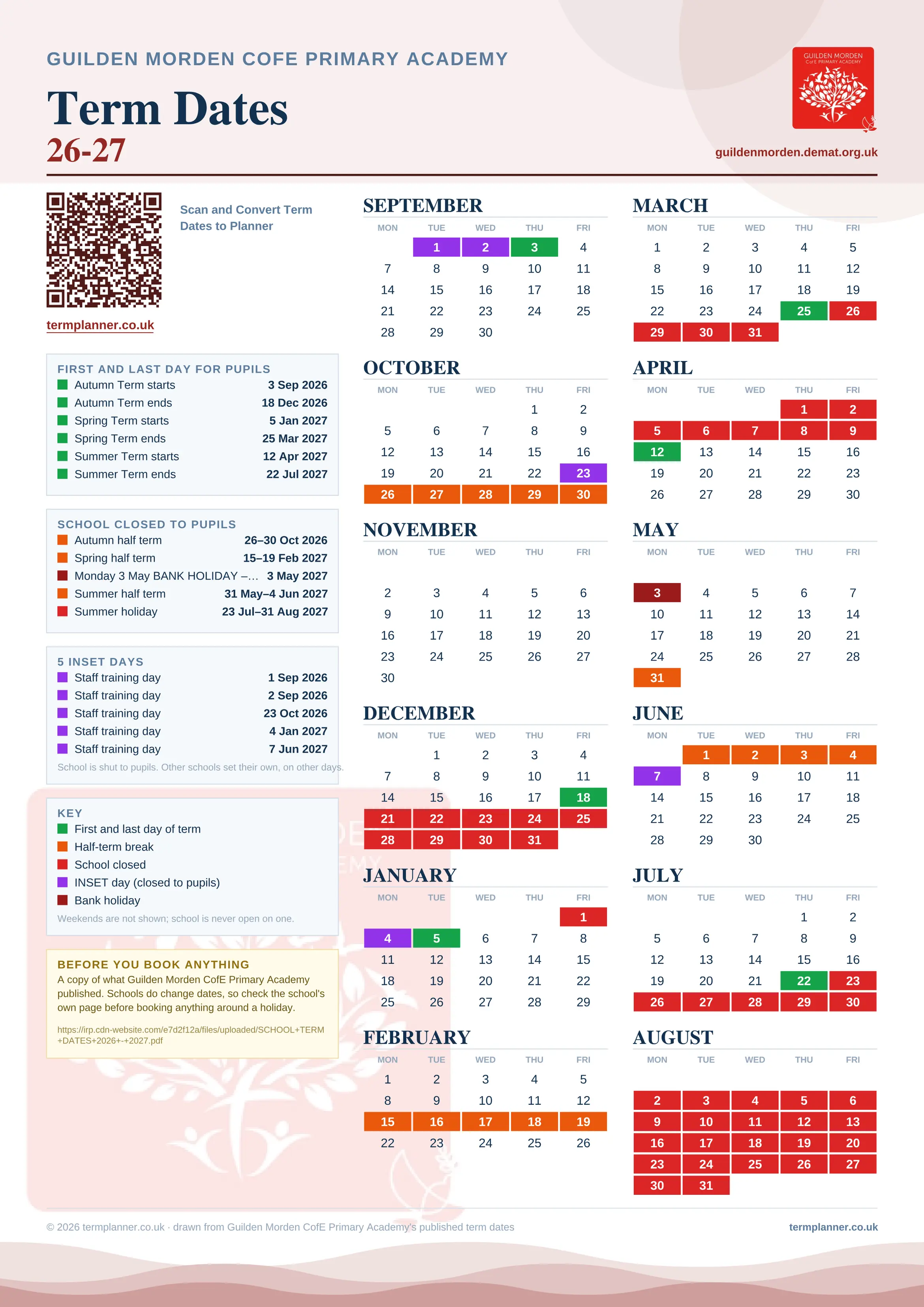 Guilden Morden CofE Primary Academy’s 2026/27 school year drawn as one sheet: twelve month grids from September to August, Monday to Friday, with autumn term 3 September to 18 December 2026, spring term 5 January to 25 March 2027, summer term 12 April to 22 July 2027. Half terms, holidays and bank holidays are filled in colour, the first and last day of each term is marked, 5 INSET days are picked out, and every date is listed again in words down the left.