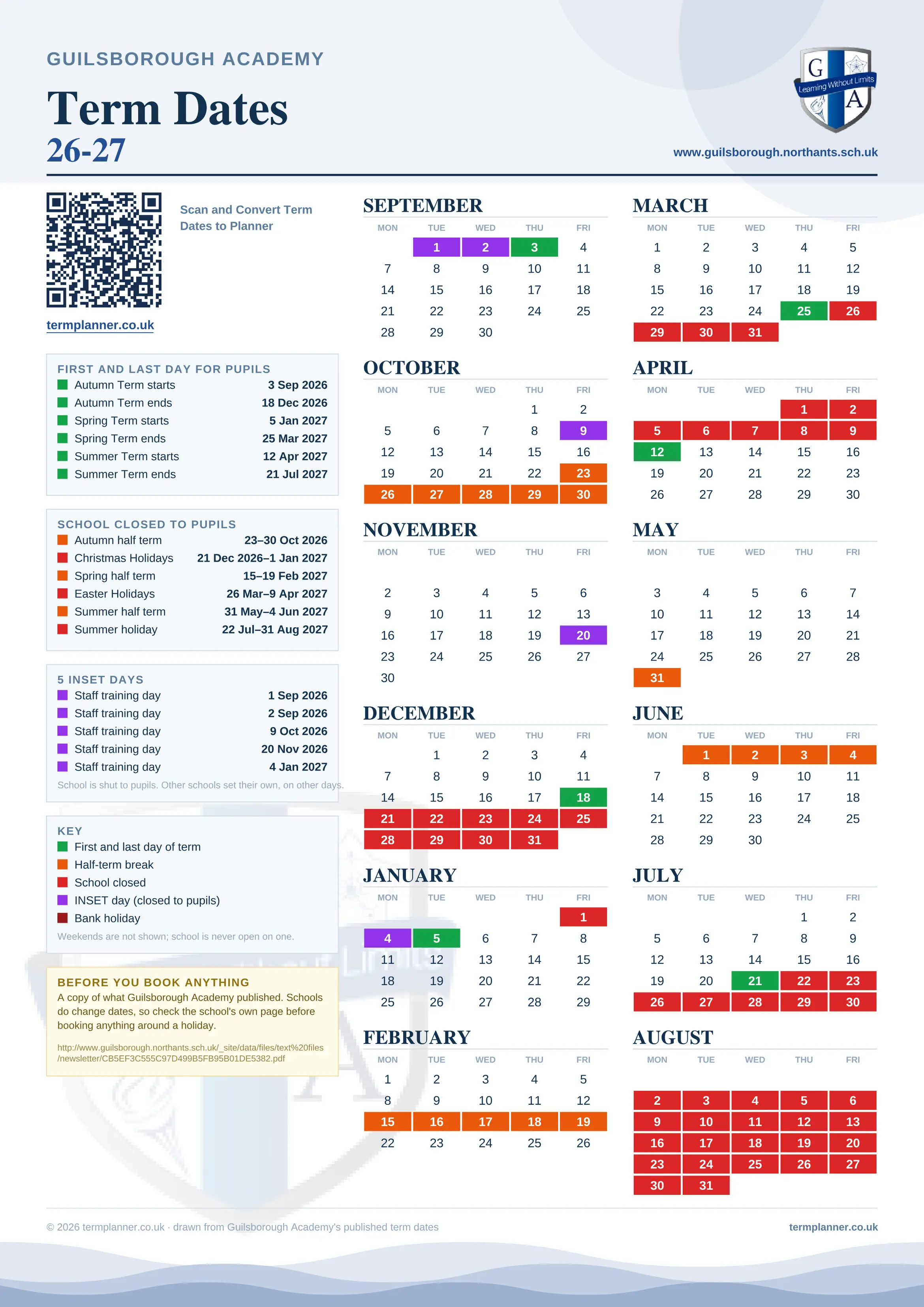 Guilsborough Academy’s 2026/27 school year drawn as one sheet: twelve month grids from September to August, Monday to Friday, with autumn term 3 September to 18 December 2026, spring term 5 January to 25 March 2027, summer term 12 April to 21 July 2027. Half terms, holidays and bank holidays are filled in colour, the first and last day of each term is marked, 5 INSET days are picked out, and every date is listed again in words down the left.