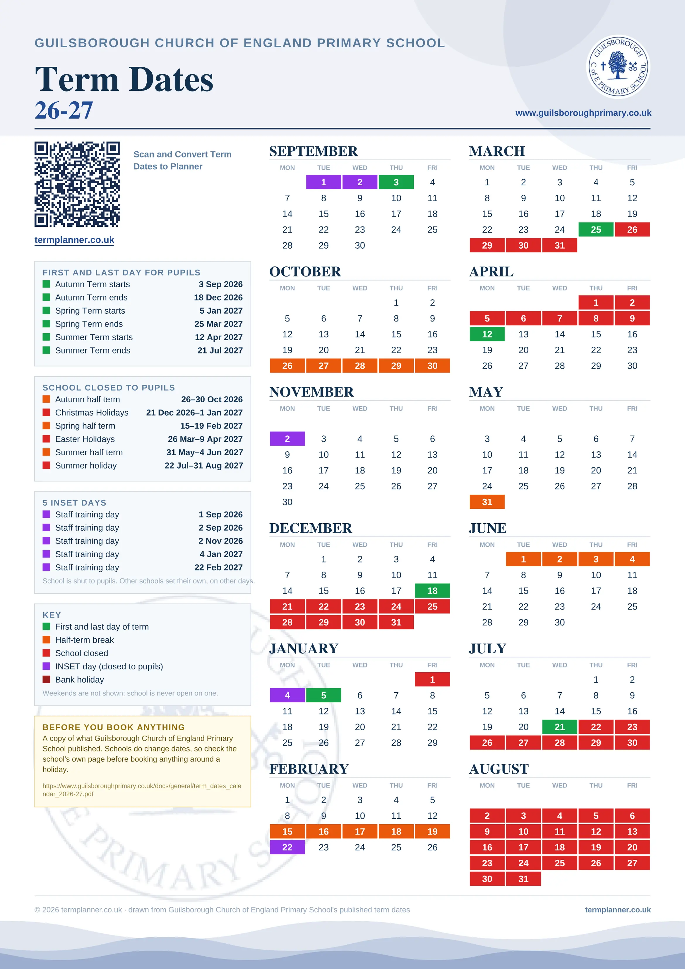 Guilsborough Church of England Primary School’s 2026/27 school year drawn as one sheet: twelve month grids from September to August, Monday to Friday, with autumn term 3 September to 18 December 2026, spring term 5 January to 25 March 2027, summer term 12 April to 21 July 2027. Half terms, holidays and bank holidays are filled in colour, the first and last day of each term is marked, 5 INSET days are picked out, and every date is listed again in words down the left.
