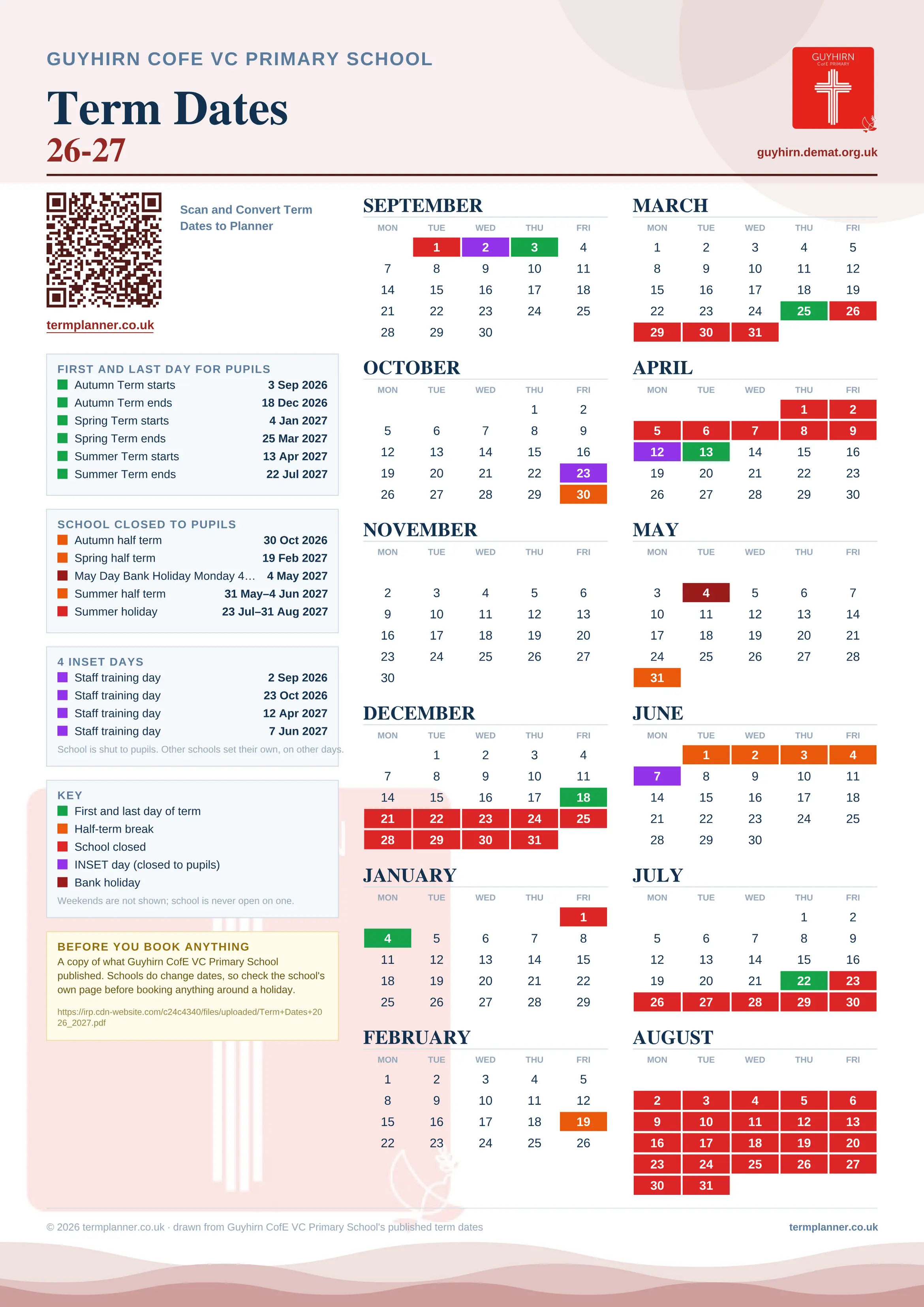 Guyhirn CofE VC Primary School’s 2026/27 school year drawn as one sheet: twelve month grids from September to August, Monday to Friday, with autumn term 3 September to 18 December 2026, spring term 4 January to 25 March 2027, summer term 13 April to 22 July 2027. Half terms, holidays and bank holidays are filled in colour, the first and last day of each term is marked, 4 INSET days are picked out, and every date is listed again in words down the left.