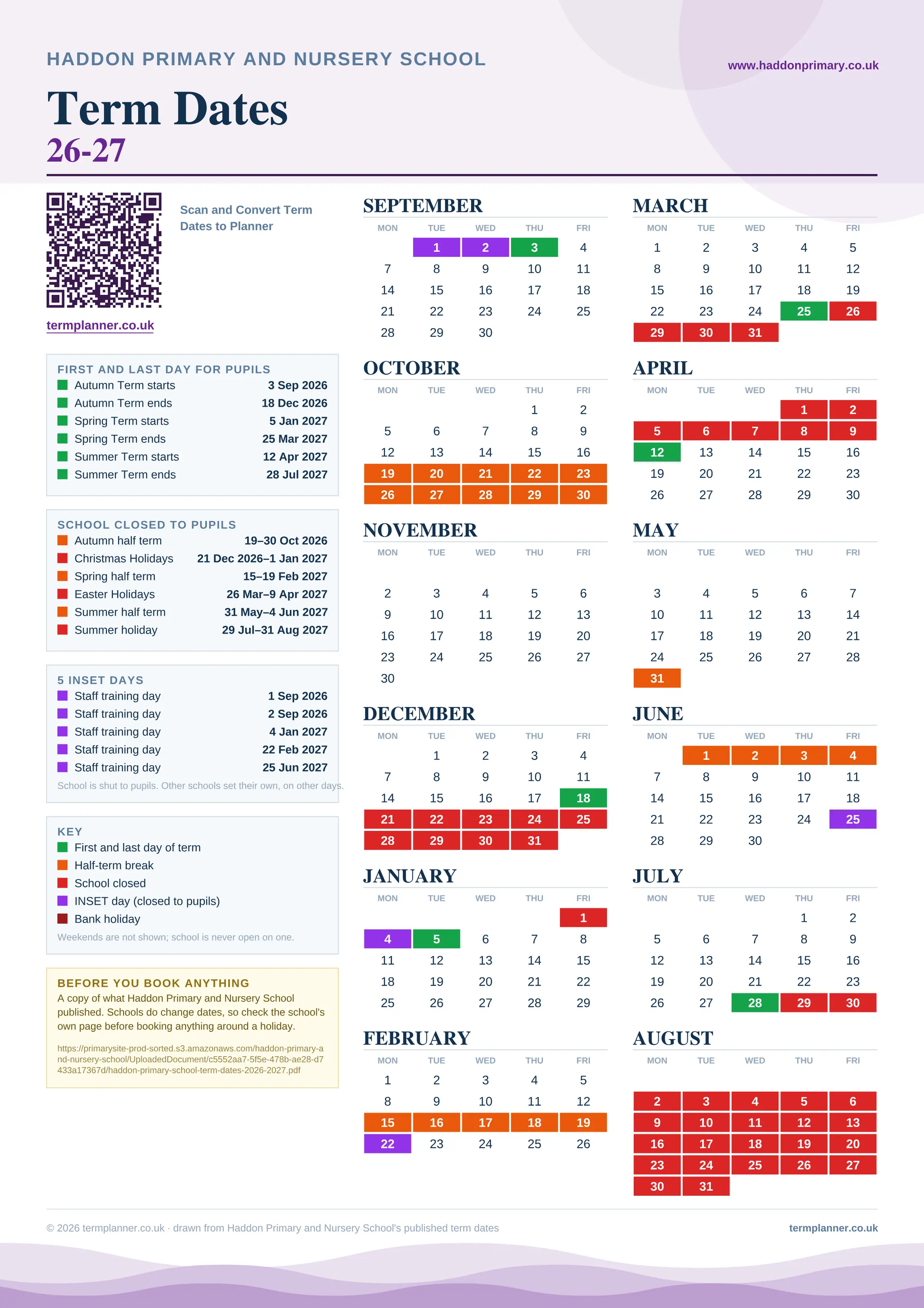 Haddon Primary and Nursery School’s 2026/27 school year drawn as one sheet: twelve month grids from September to August, Monday to Friday, with autumn term 3 September to 18 December 2026, spring term 5 January to 25 March 2027, summer term 12 April to 28 July 2027. Half terms, holidays and bank holidays are filled in colour, the first and last day of each term is marked, 5 INSET days are picked out, and every date is listed again in words down the left.