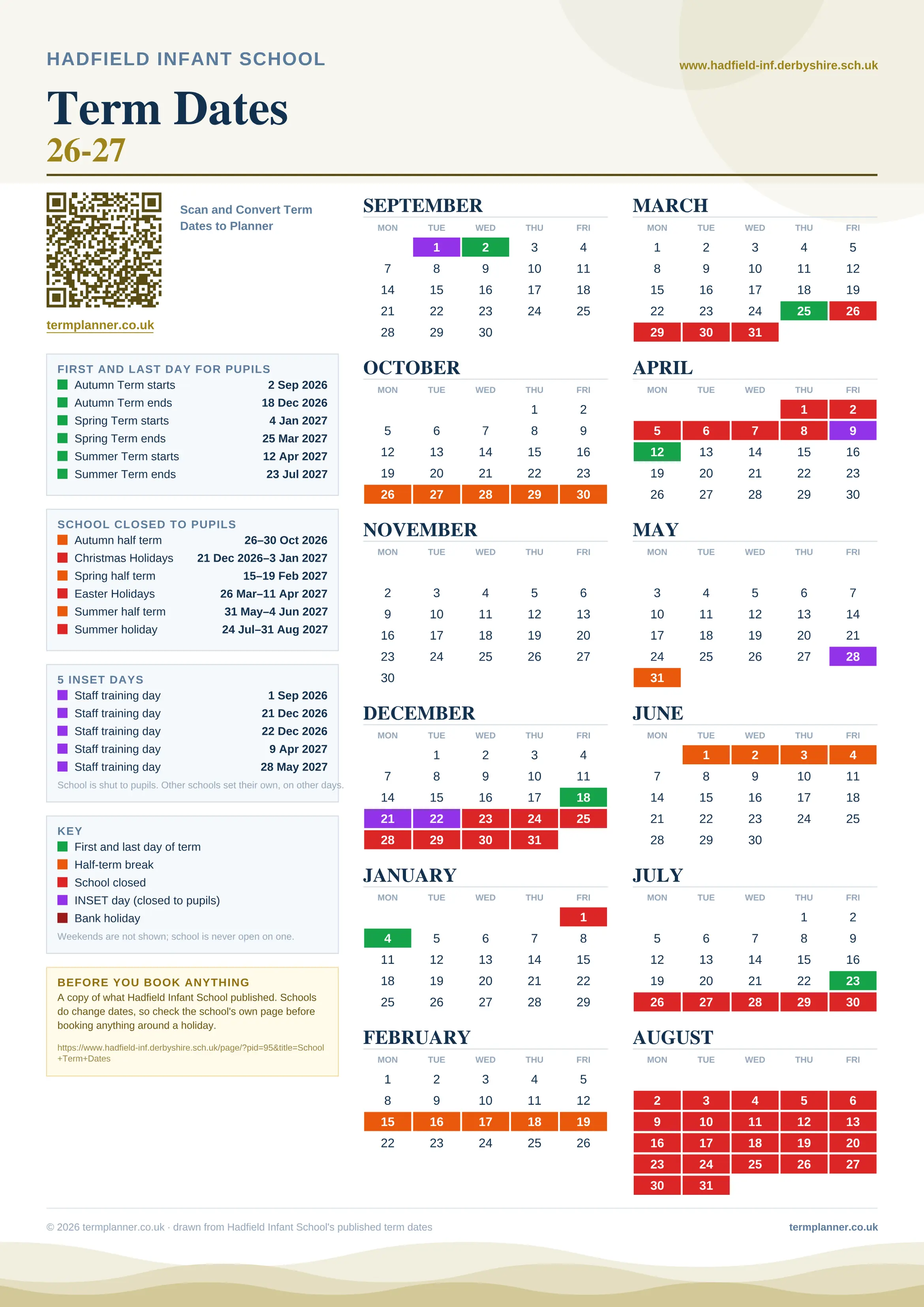 Hadfield Infant School’s 2026/27 school year drawn as one sheet: twelve month grids from September to August, Monday to Friday, with autumn term 2 September to 18 December 2026, spring term 4 January to 25 March 2027, summer term 12 April to 23 July 2027. Half terms, holidays and bank holidays are filled in colour, the first and last day of each term is marked, 5 INSET days are picked out, and every date is listed again in words down the left.