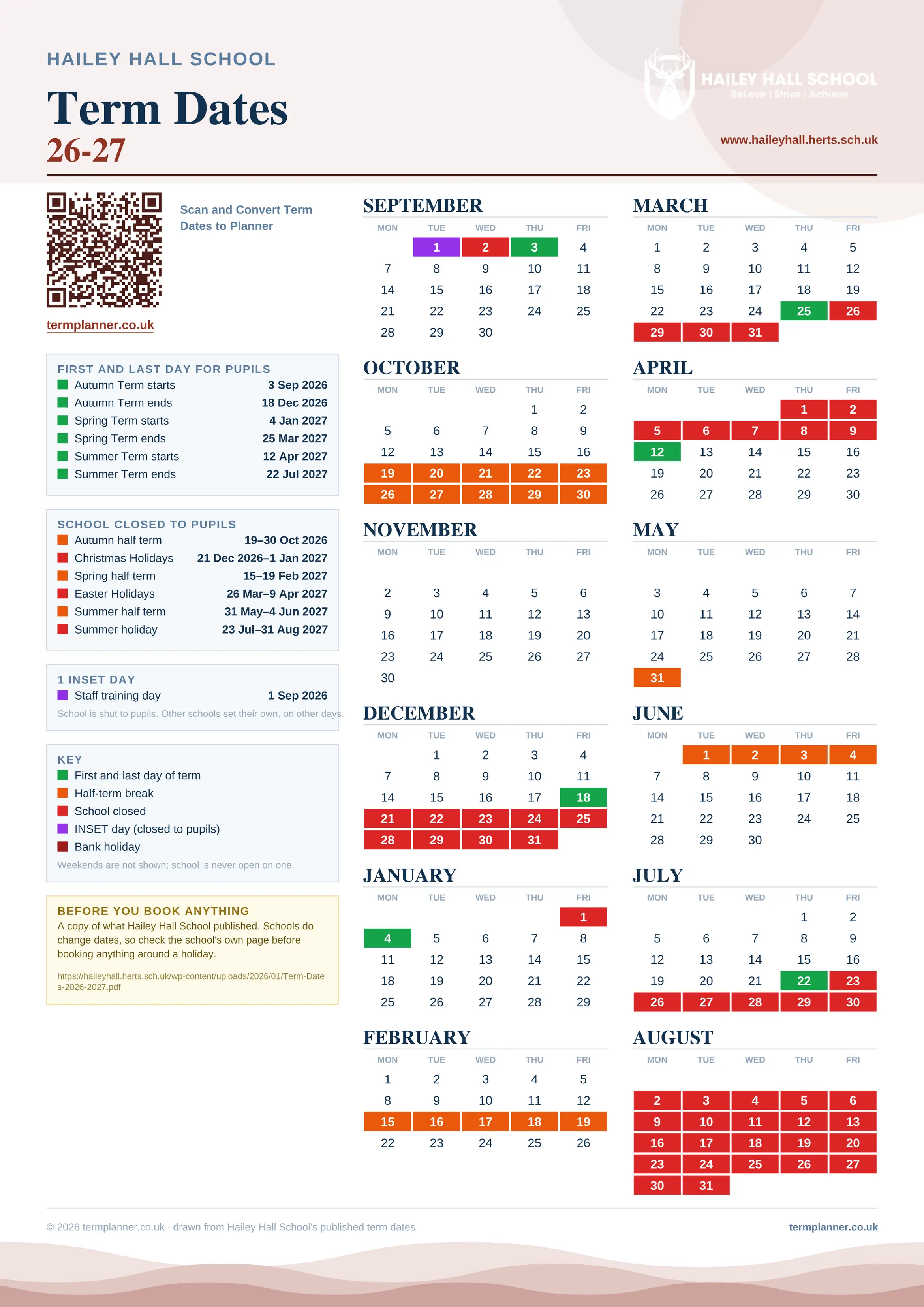 Hailey Hall School’s 2026/27 school year drawn as one sheet: twelve month grids from September to August, Monday to Friday, with autumn term 3 September to 18 December 2026, spring term 4 January to 25 March 2027, summer term 12 April to 22 July 2027. Half terms, holidays and bank holidays are filled in colour, the first and last day of each term is marked, 1 INSET day is picked out, and every date is listed again in words down the left.