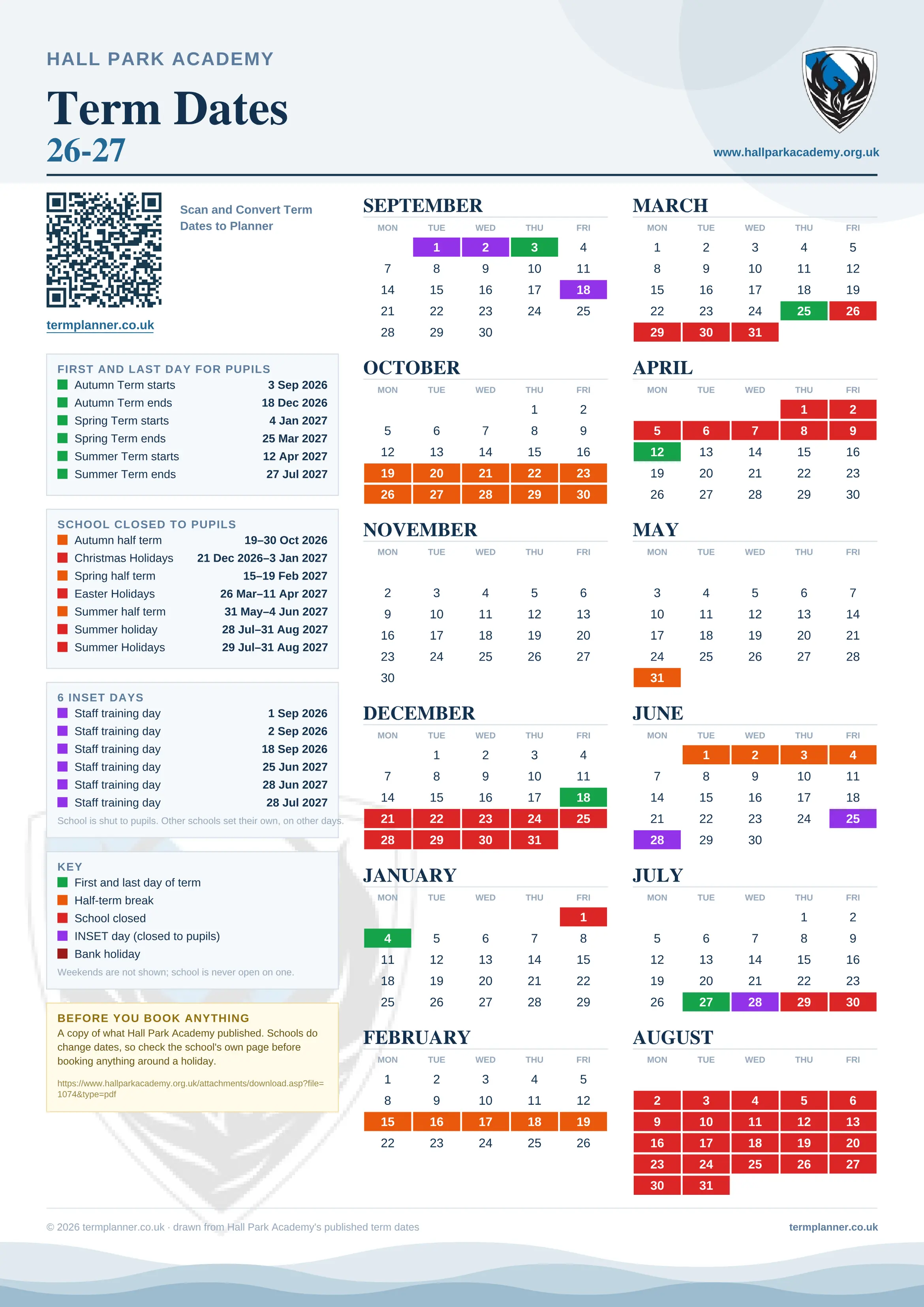 Hall Park Academy’s 2026/27 school year drawn as one sheet: twelve month grids from September to August, Monday to Friday, with autumn term 3 September to 18 December 2026, spring term 4 January to 25 March 2027, summer term 12 April to 27 July 2027. Half terms, holidays and bank holidays are filled in colour, the first and last day of each term is marked, 6 INSET days are picked out, and every date is listed again in words down the left.
