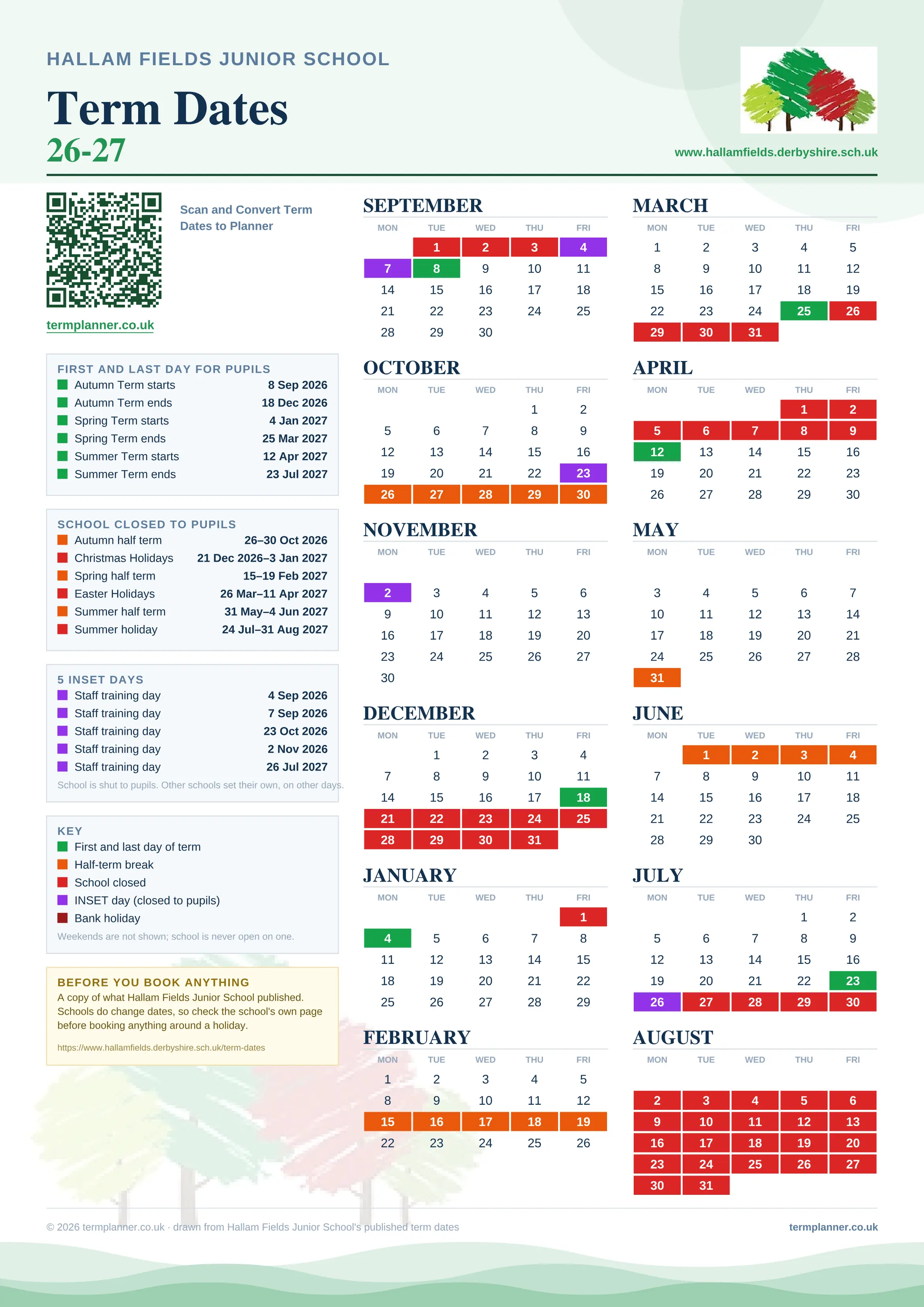 Hallam Fields Junior School’s 2026/27 school year drawn as one sheet: twelve month grids from September to August, Monday to Friday, with autumn term 8 September to 18 December 2026, spring term 4 January to 25 March 2027, summer term 12 April to 23 July 2027. Half terms, holidays and bank holidays are filled in colour, the first and last day of each term is marked, 5 INSET days are picked out, and every date is listed again in words down the left.