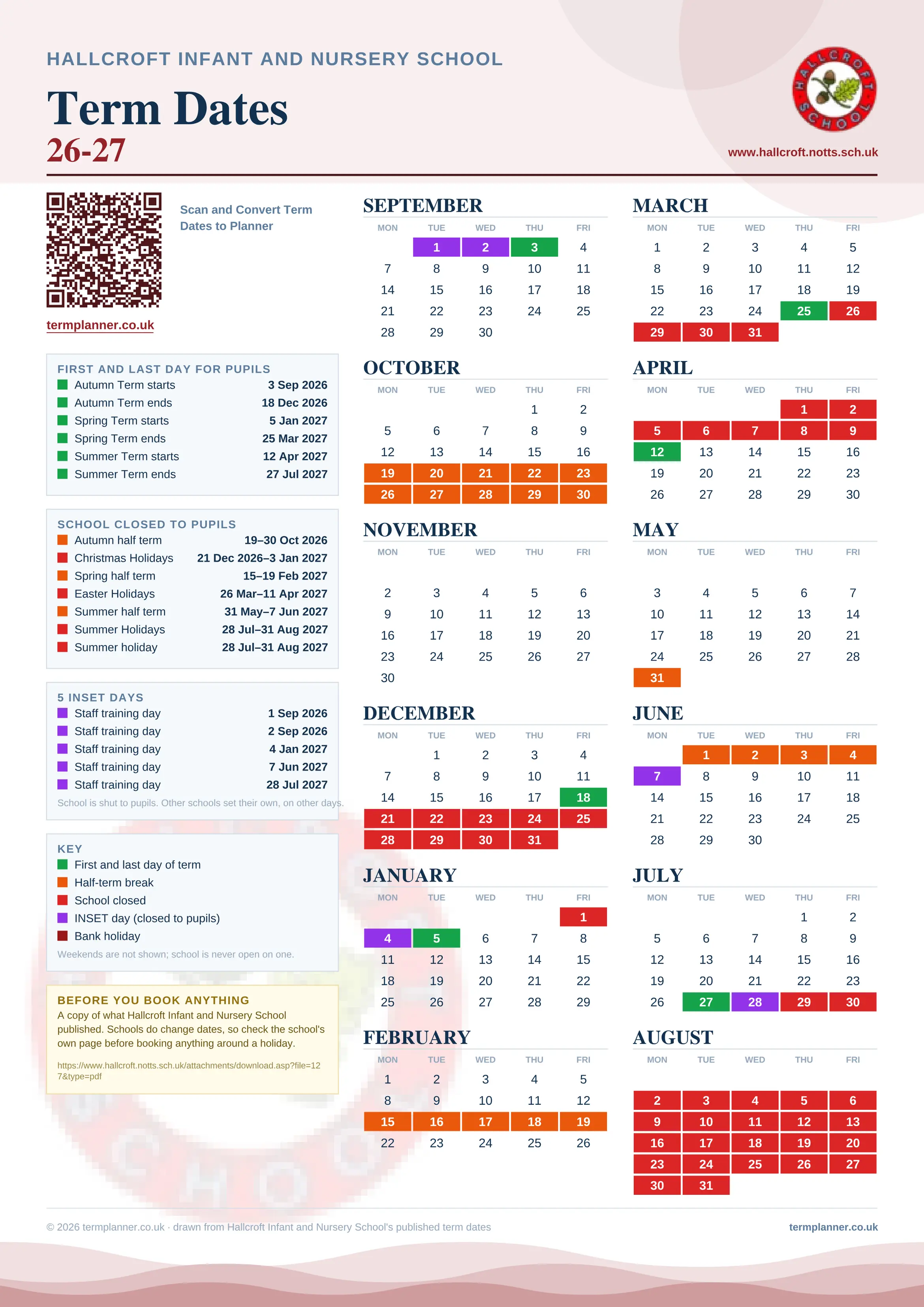 Hallcroft Infant and Nursery School’s 2026/27 school year drawn as one sheet: twelve month grids from September to August, Monday to Friday, with autumn term 3 September to 18 December 2026, spring term 5 January to 25 March 2027, summer term 12 April to 27 July 2027. Half terms, holidays and bank holidays are filled in colour, the first and last day of each term is marked, 5 INSET days are picked out, and every date is listed again in words down the left.
