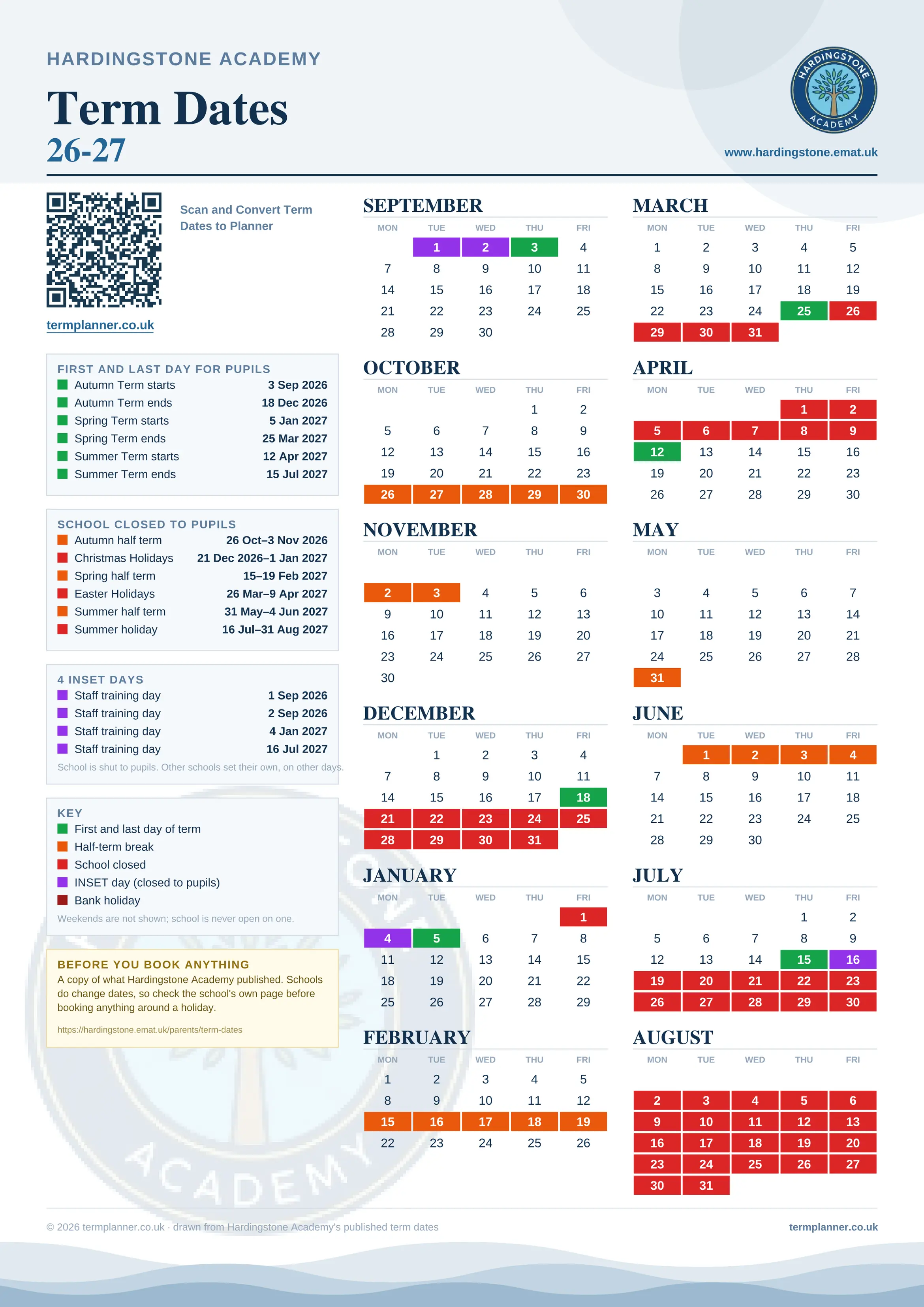 Hardingstone Academy’s 2026/27 school year drawn as one sheet: twelve month grids from September to August, Monday to Friday, with autumn term 3 September to 18 December 2026, spring term 5 January to 25 March 2027, summer term 12 April to 15 July 2027. Half terms, holidays and bank holidays are filled in colour, the first and last day of each term is marked, 4 INSET days are picked out, and every date is listed again in words down the left.