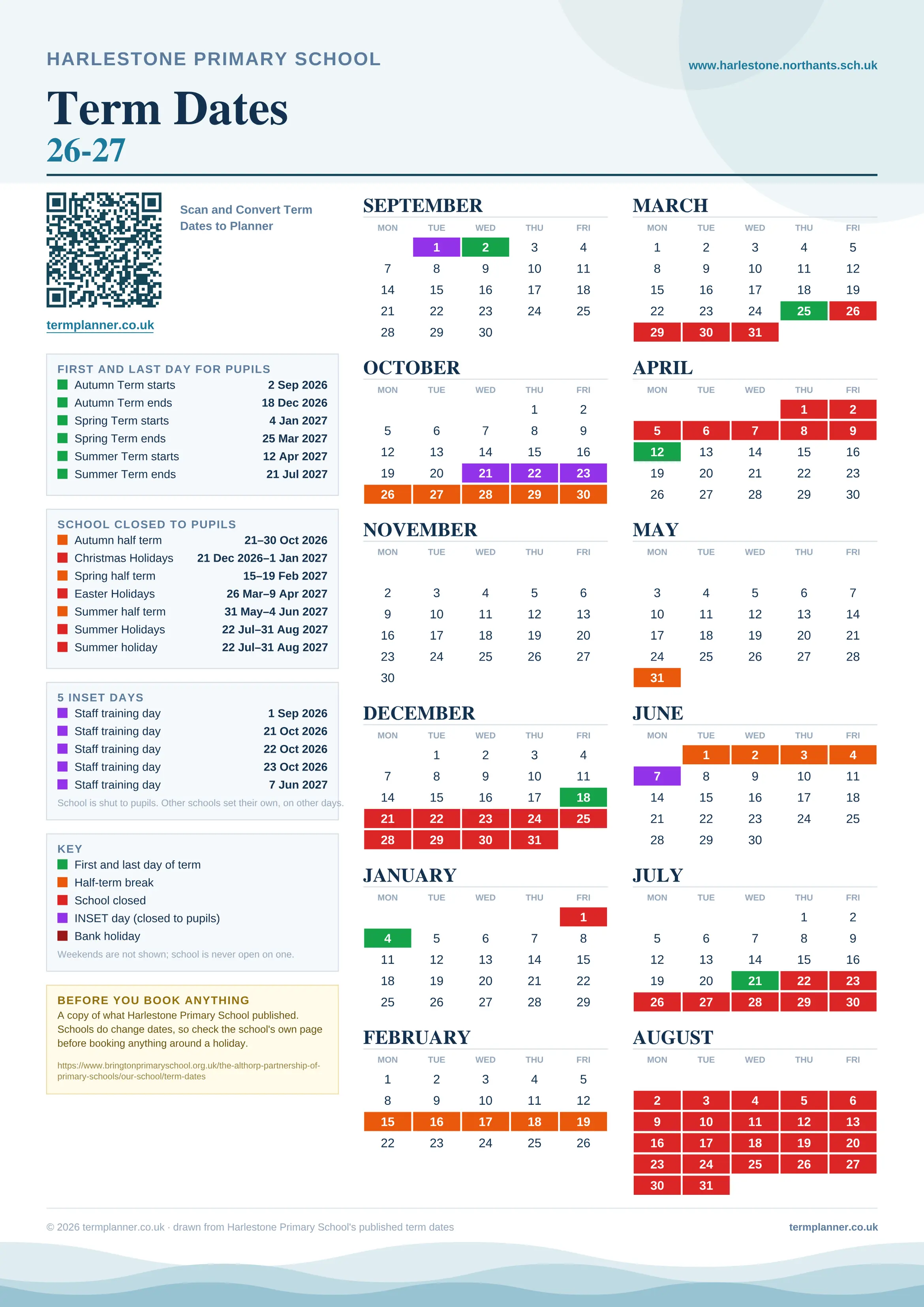 Harlestone Primary School’s 2026/27 school year drawn as one sheet: twelve month grids from September to August, Monday to Friday, with autumn term 2 September to 18 December 2026, spring term 4 January to 25 March 2027, summer term 12 April to 21 July 2027. Half terms, holidays and bank holidays are filled in colour, the first and last day of each term is marked, 5 INSET days are picked out, and every date is listed again in words down the left.