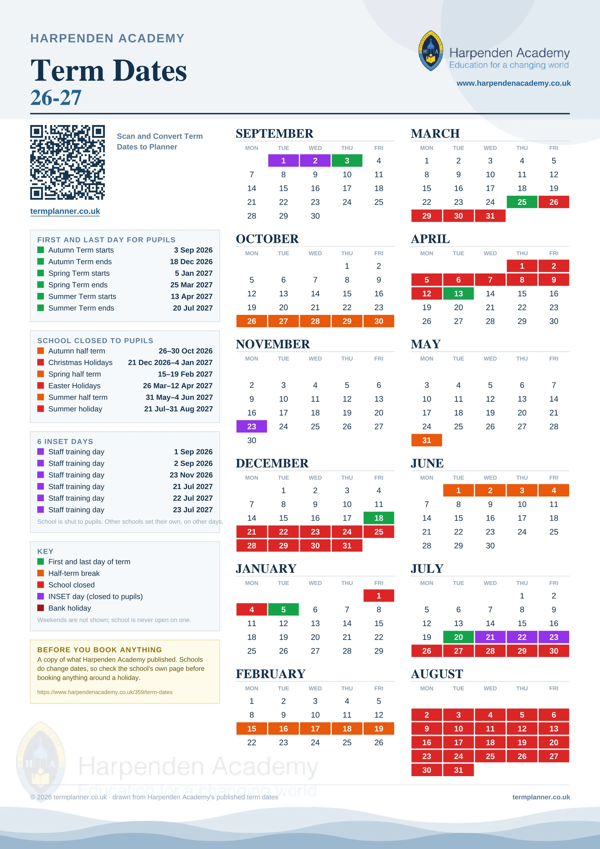 Harpenden Academy’s 2026/27 school year drawn as one sheet: twelve month grids from September to August, Monday to Friday, with autumn term 3 September to 18 December 2026, spring term 5 January to 25 March 2027, summer term 13 April to 20 July 2027. Half terms, holidays and bank holidays are filled in colour, the first and last day of each term is marked, 6 INSET days are picked out, and every date is listed again in words down the left.