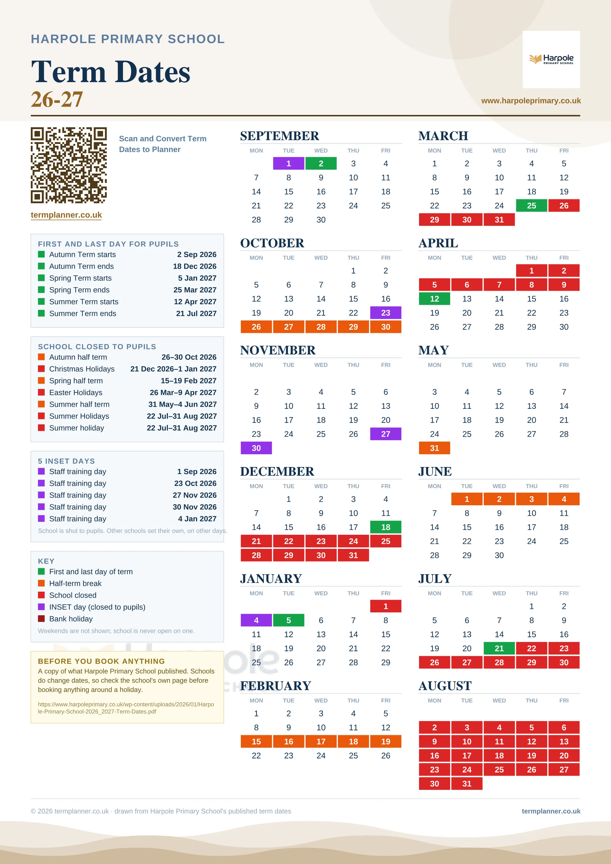 Harpole Primary School’s 2026/27 school year drawn as one sheet: twelve month grids from September to August, Monday to Friday, with autumn term 2 September to 18 December 2026, spring term 5 January to 25 March 2027, summer term 12 April to 21 July 2027. Half terms, holidays and bank holidays are filled in colour, the first and last day of each term is marked, 5 INSET days are picked out, and every date is listed again in words down the left.