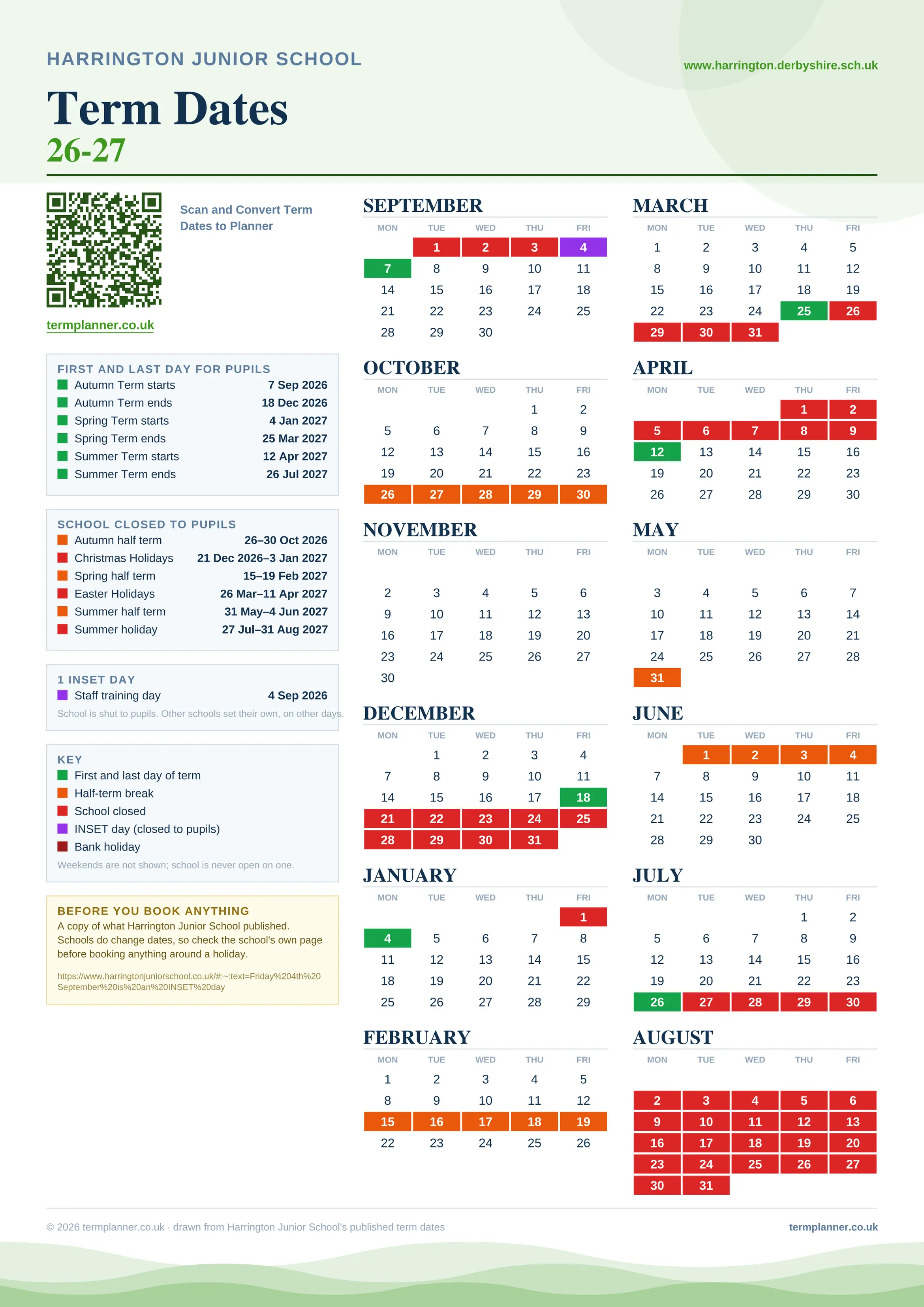 Harrington Junior School’s 2026/27 school year drawn as one sheet: twelve month grids from September to August, Monday to Friday, with autumn term 7 September to 18 December 2026, spring term 4 January to 25 March 2027, summer term 12 April to 26 July 2027. Half terms, holidays and bank holidays are filled in colour, the first and last day of each term is marked, 1 INSET day is picked out, and every date is listed again in words down the left.