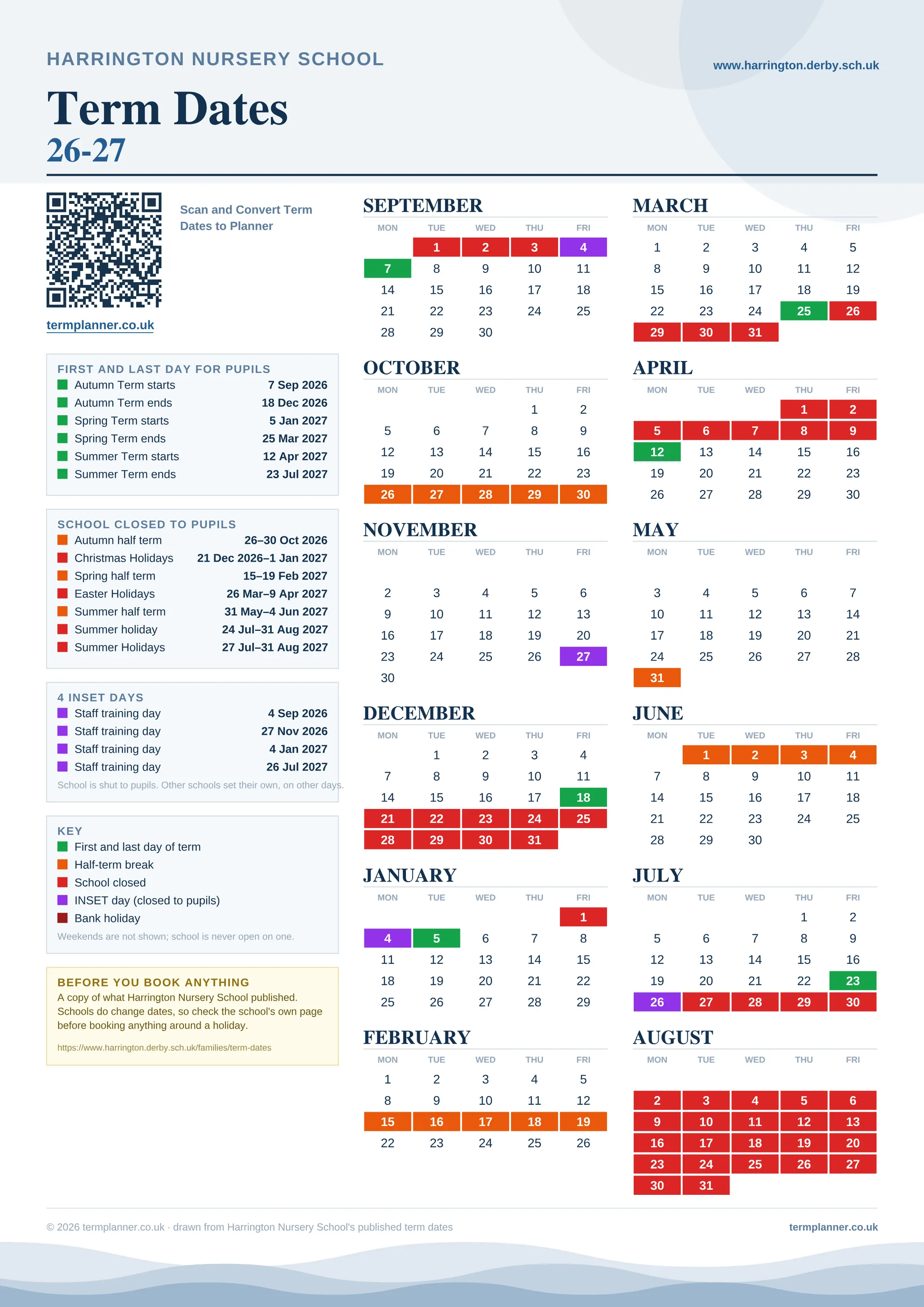 Harrington Nursery School’s 2026/27 school year drawn as one sheet: twelve month grids from September to August, Monday to Friday, with autumn term 7 September to 18 December 2026, spring term 5 January to 25 March 2027, summer term 12 April to 23 July 2027. Half terms, holidays and bank holidays are filled in colour, the first and last day of each term is marked, 4 INSET days are picked out, and every date is listed again in words down the left.